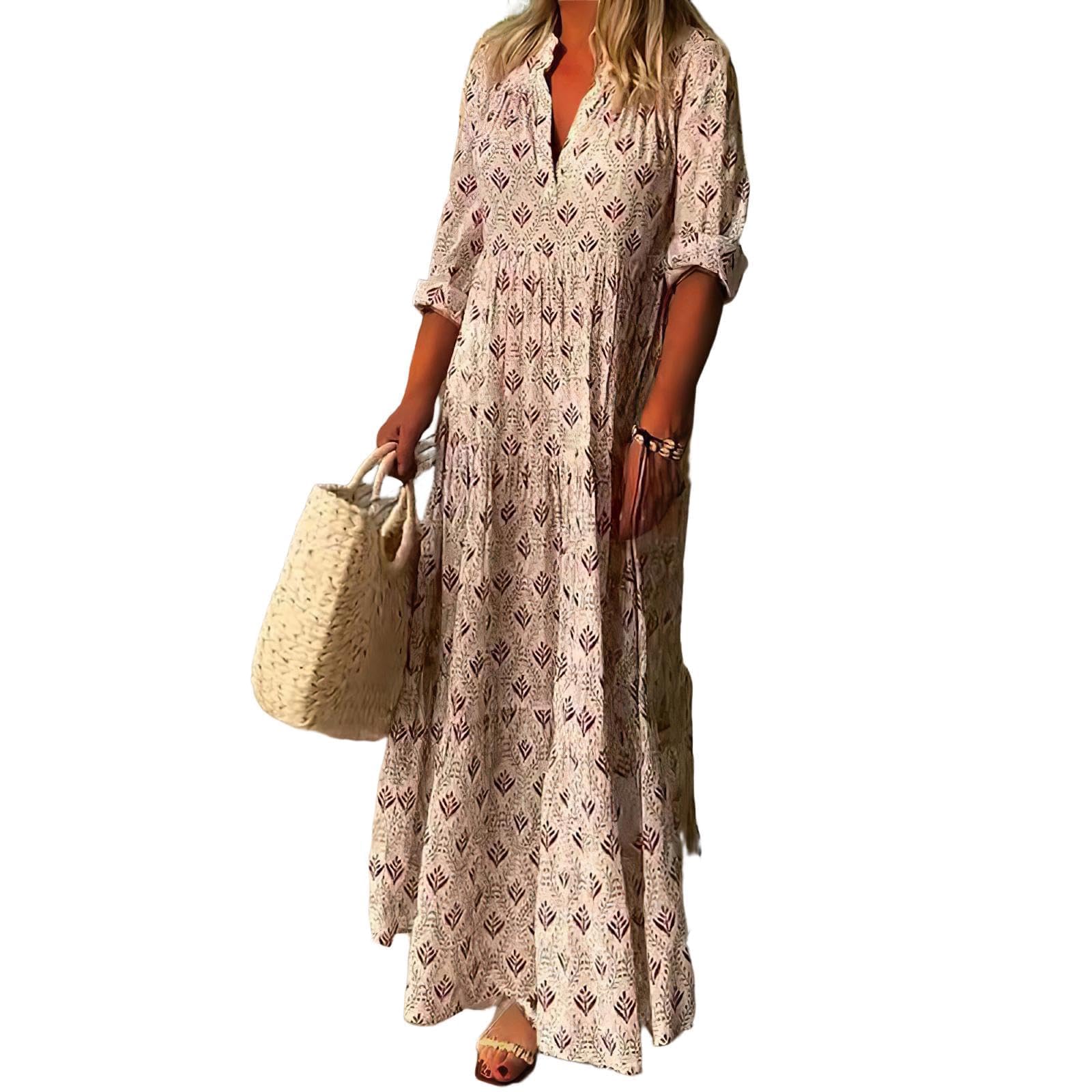 Bengbobar Women's Floral Print Boho Maxi Dress for Women Long Sleeve Casual Flowy Waist Mock Neck Beach Tunic Long Dress