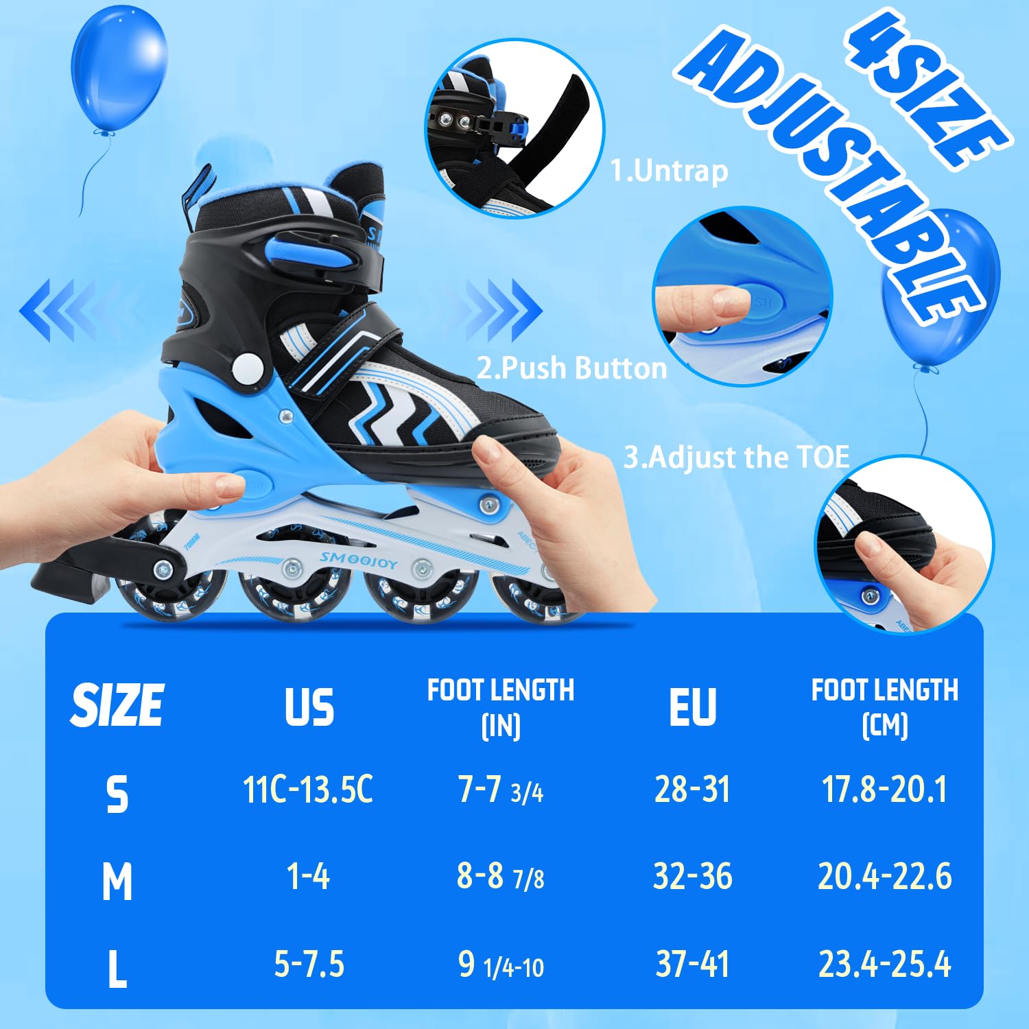 SMOOJOY Inline Skates for Kids Light-Up Wheels Aluminum Frame Black Blue Blade Skate for Boys and Girls S, M, L Sizes, Ages 6-12, Perfect for Beginners Indoors and Outdoors