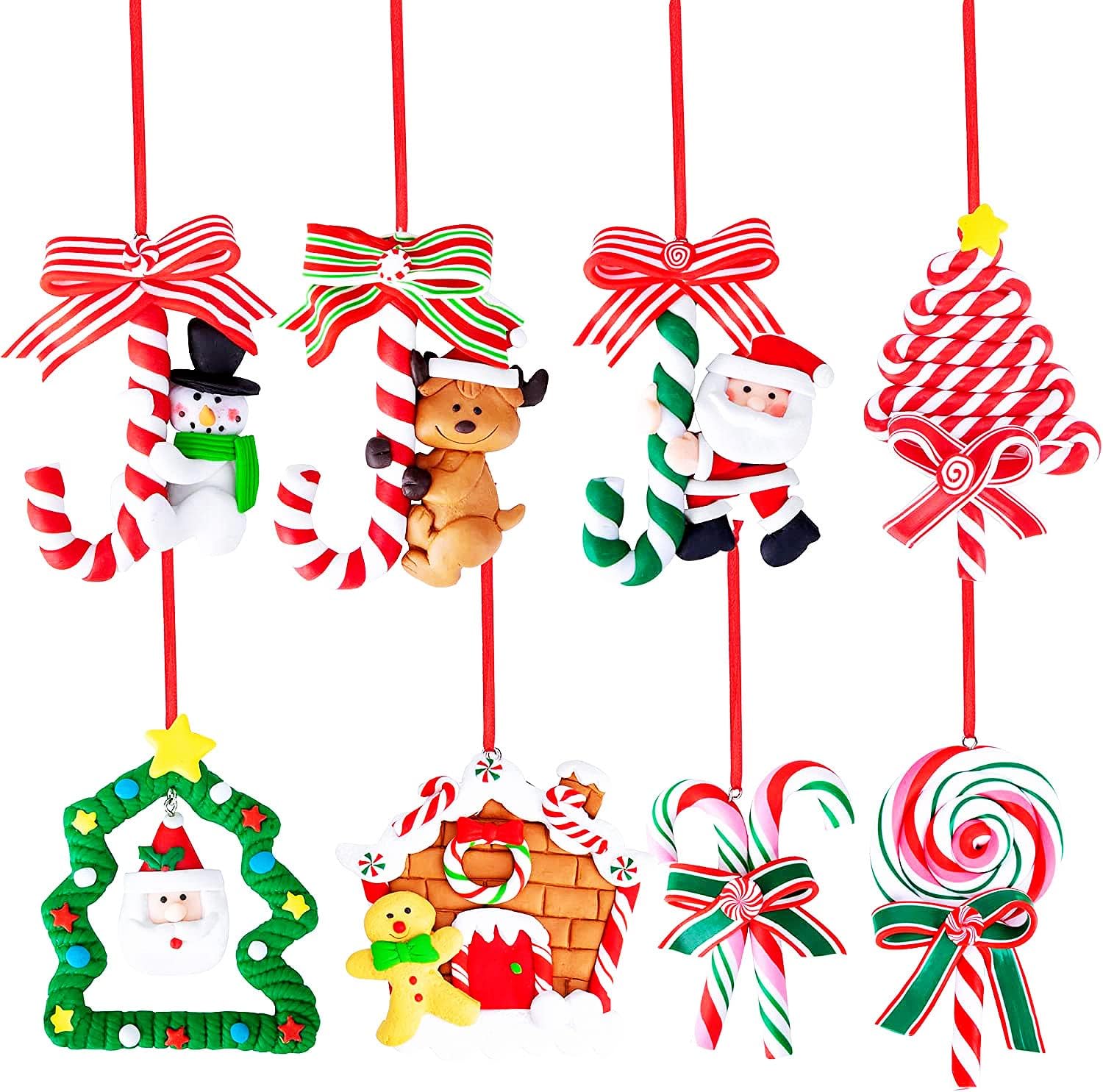 8 Pieces Christmas Candy Cane Hanging Decorations, Christmas Lollipop Ornament Set, Christmas Candies Polymer Clay Ornaments Sweets Candy Pendant Xmas Tree Party Decor Supplies