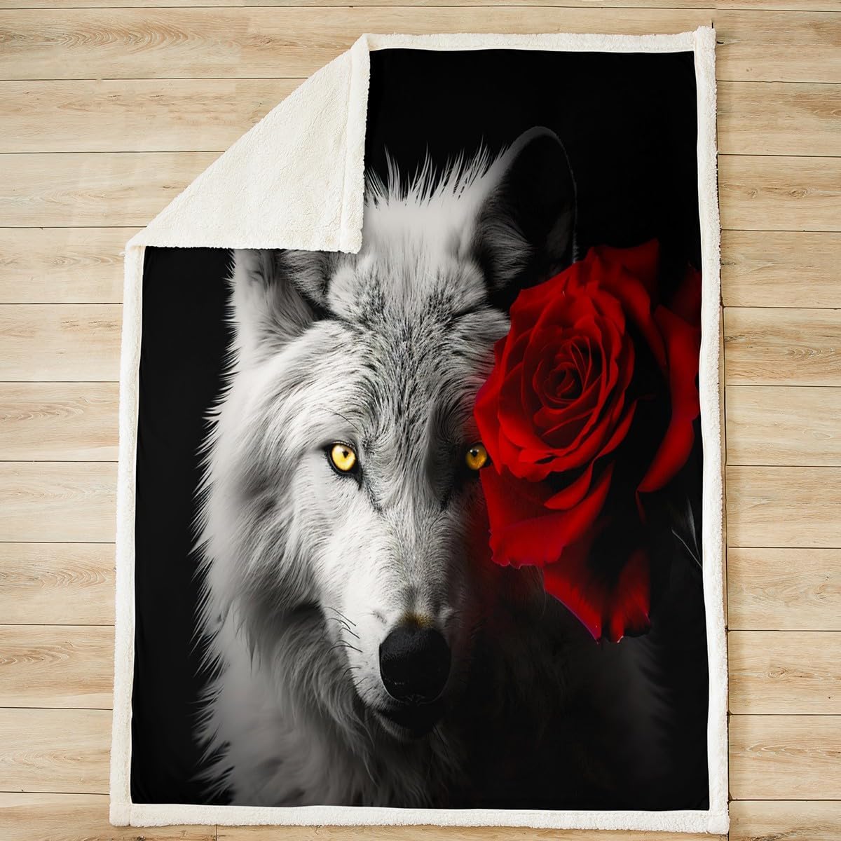 Wolf Sherpa Blanket Red Rose Wild Wolf Fleece Throw Blanket Safari Animal Plush Blanket for Boys Girls Kids Room Decor Romantic Flower Wildlife Print Fuzzy Blanket for Sofa Bed Couch, King 87x95 Inch