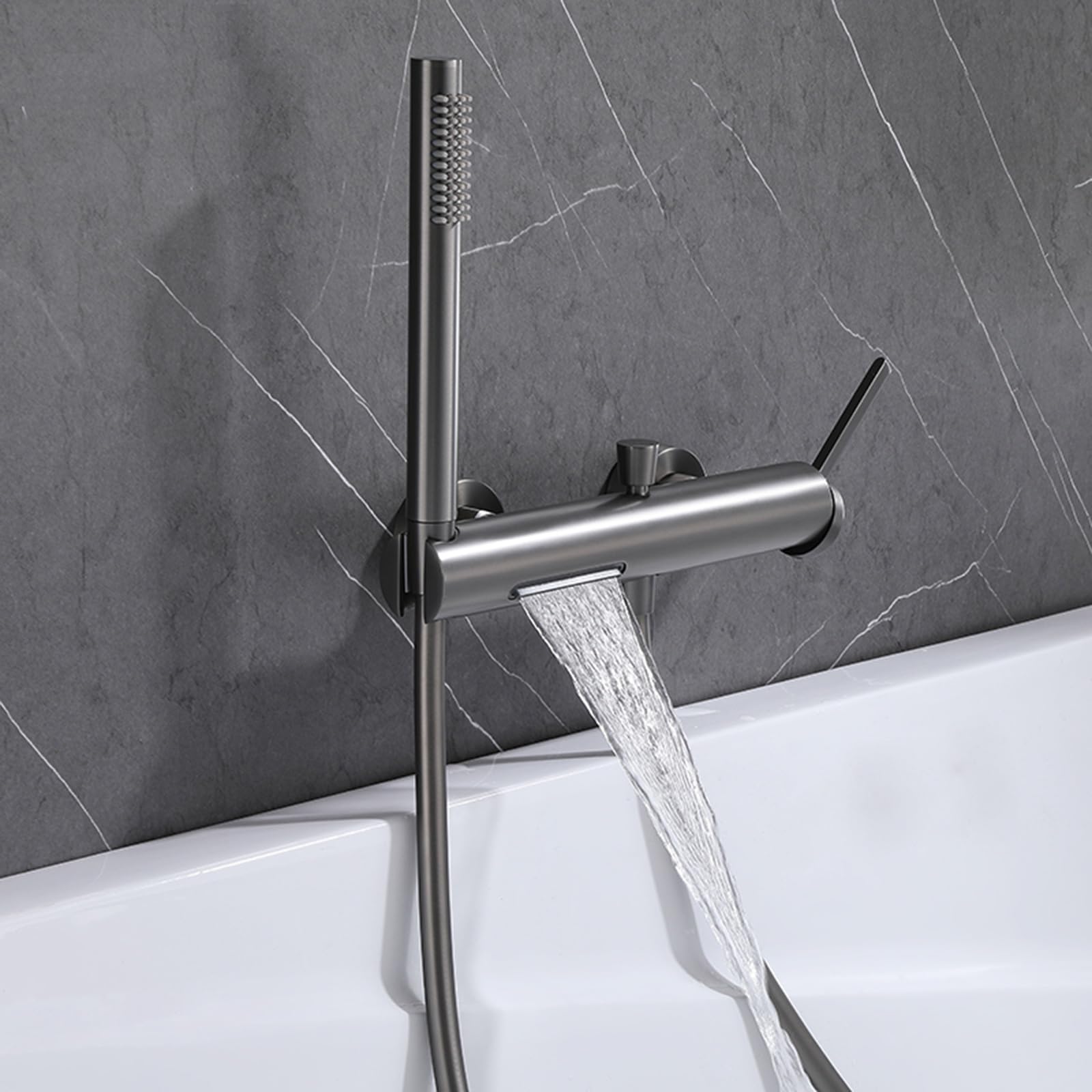 Grifo Mezclador de Ducha Y Bañera con Efecto Cascada Monomando de Latón para Agua Caliente Y Fría Grifo de Bañera con Efecto Cascada Color Gris