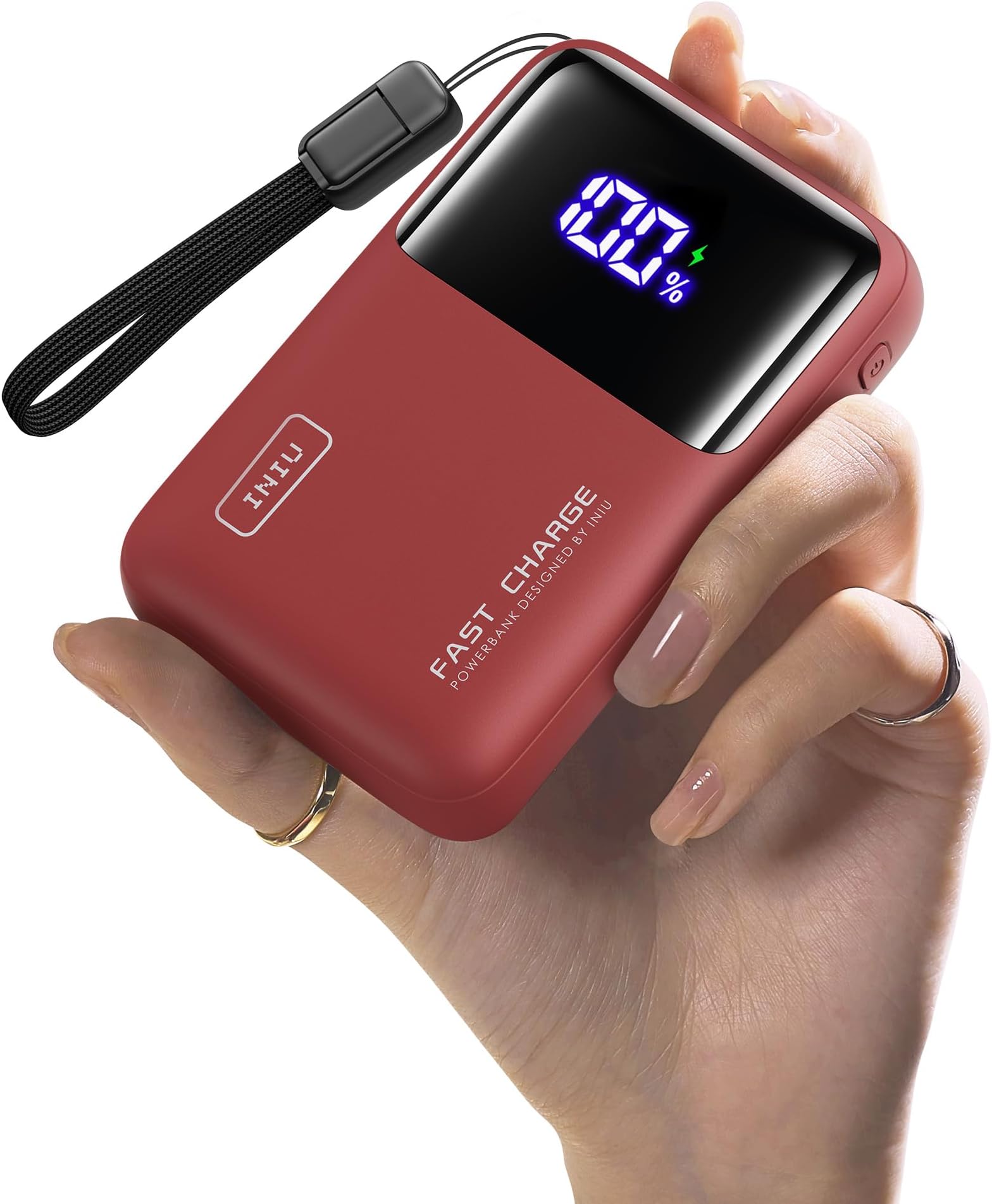 INIU Large Capacity Mobile Battery, 20,000 mAh, 65 W, Ultra Compact Size, Fast Charging, USB-C Input & Output Ports, PSE Certified, 3 Devices Simultaneously Charging, Strap-Type USB C Cable, Mobile Battery, For Laptops, Tablets, Smartphones, Outdoors, Disasters, Emergencies, MacBook iPhone 16 / 15 & Android iPad, Red
