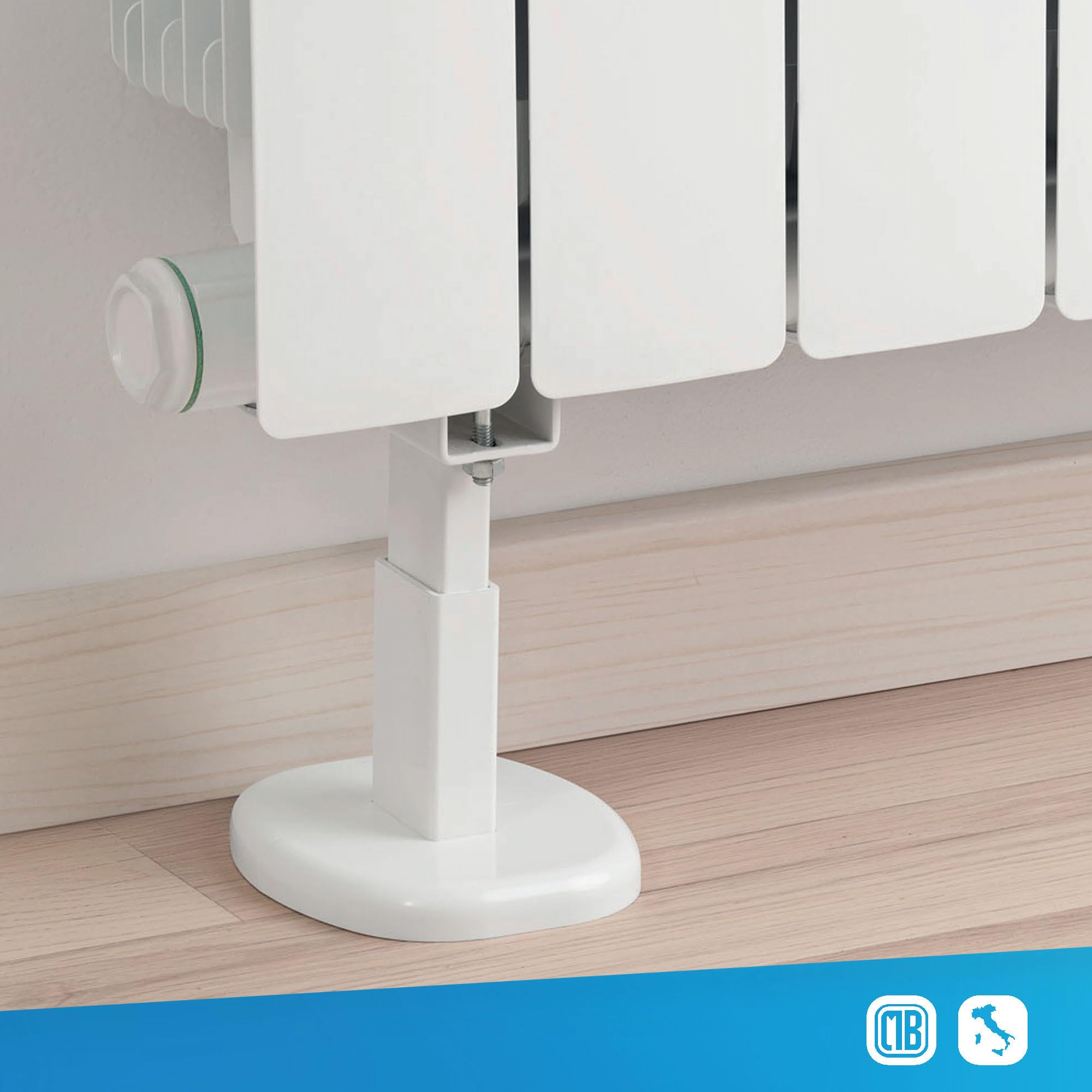 Paire de fixations au sol pour radiateurs en aluminium, avec une capacité de charge allant jusqu'à 200 kg par fixation. Système anti-décrochage avancé pour une sécurité maximale.