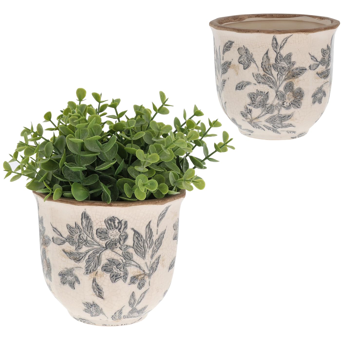 Shudehill Giftware Cream And Grey Misty Garden Collection Small Planter, Floral Ceramic Plant Pot, Country Farmhouse Home Decor