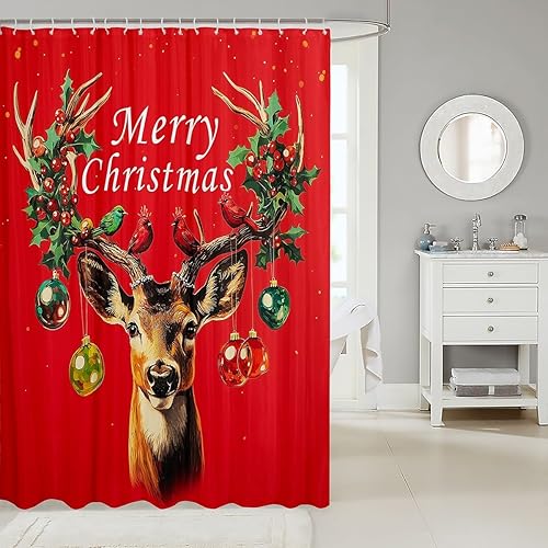 Miniatura 9 de Homewish Cortina de ducha con árboles de Navidad, juego de cortina de ducha para niños y adultos, cortina de baño dorada y negra, árboles de Navidad