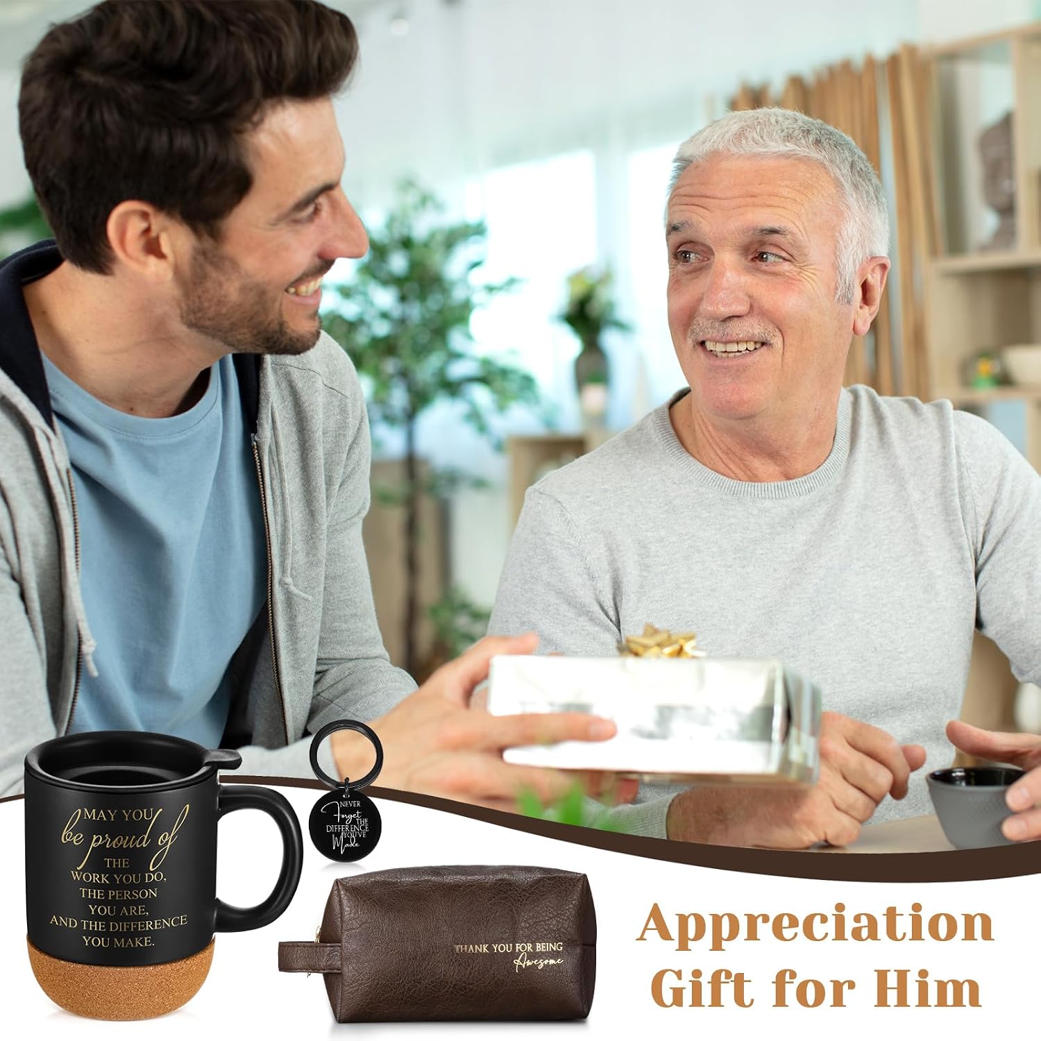 Dandat 3 Pcs Thank You Gift for Men Father's Day Appreciation Gift Leather Toiletry Bag May You Be Proud of the Work 15Oz Coffee Cup with Keychain for Male Teacher CNA Week Nurse Coworker(Brown)