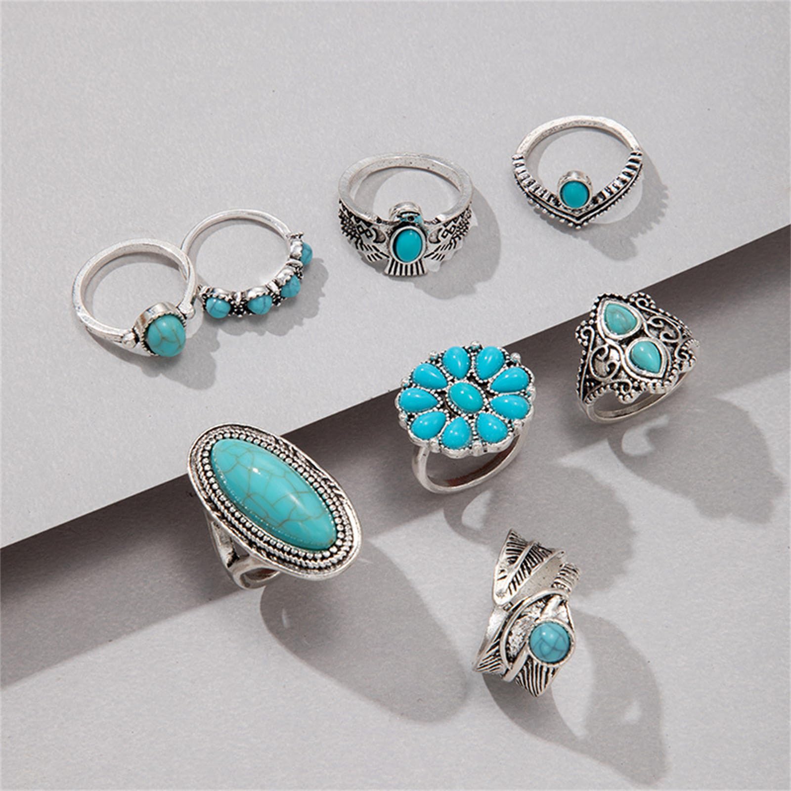 Juego de anillos bohemios de turquesa para mujer, anillos occidentales gruesos y gruesos de ópalo turquesa apilable, juego de anillos de nudillos punk de cristal midi, joyería bohemia, Metal, Sin 6
