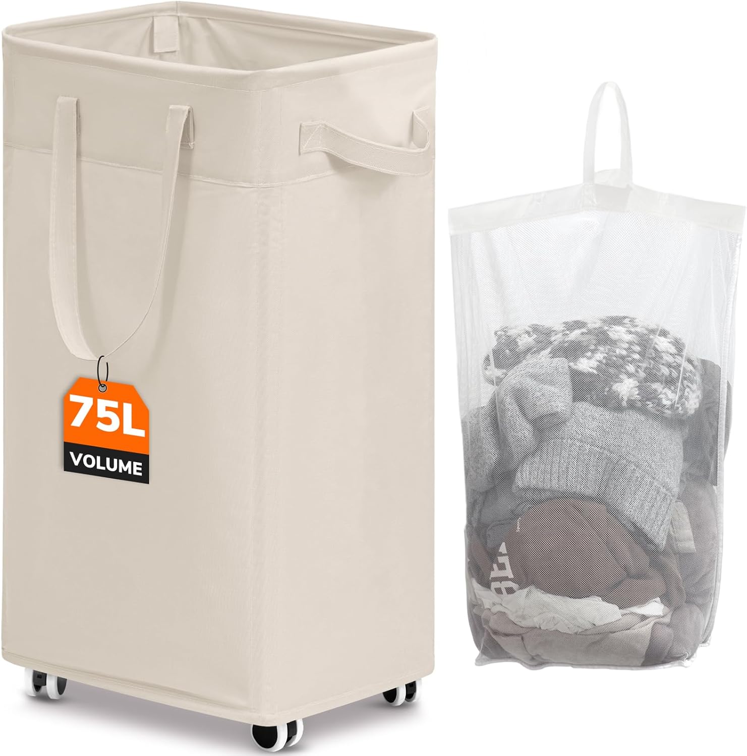 CHICVITA Collapsible Laundry Basket on Wheels 75L, Slim Laundry Hamper with Removable Wash Bag for Bedroom, Clothes Hampers for Laundry, Ivory