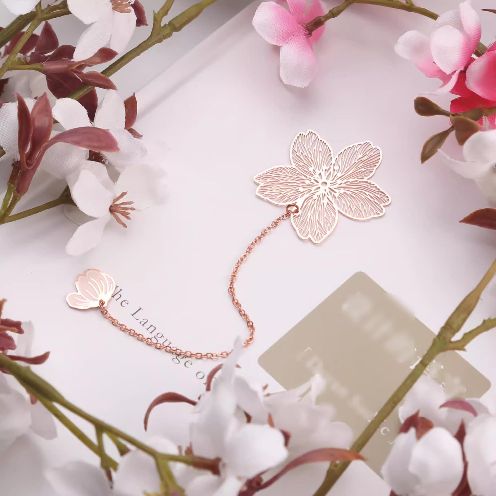Segnalibri fatti a mano, segnalibri artistici con venature di fiori botanici in metallo e rame raffiguranti ciliegio