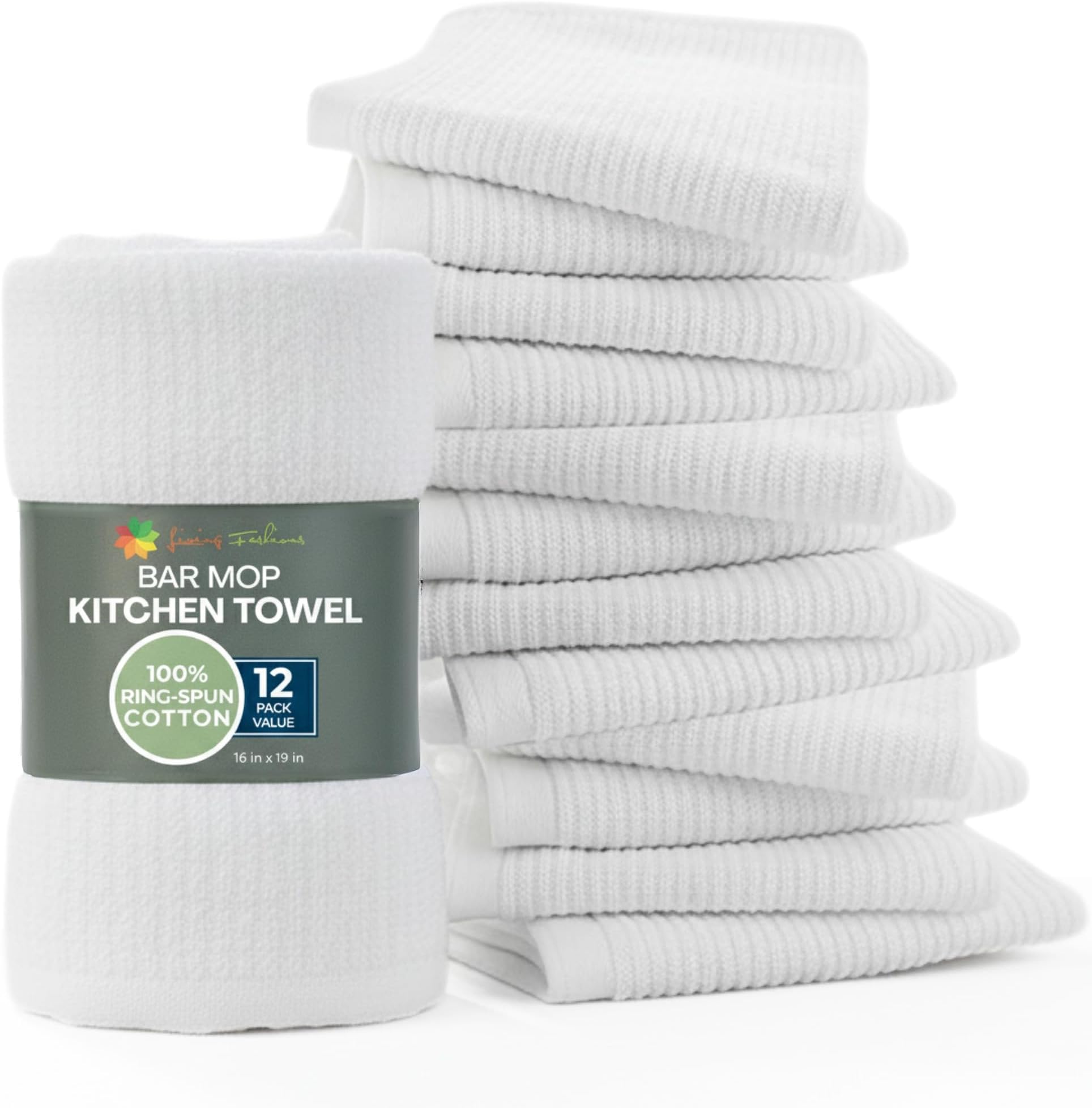 Bar Towels - Bar Mop Cleaning Kitchen Towels (12 Pack, 16" x 19”) - Premium Ring-Spun Cotton White Kitchen Bar Towels, Restaurant Cleaning Towels, Shop Towels and Rags - Bulk Bar Mop Set