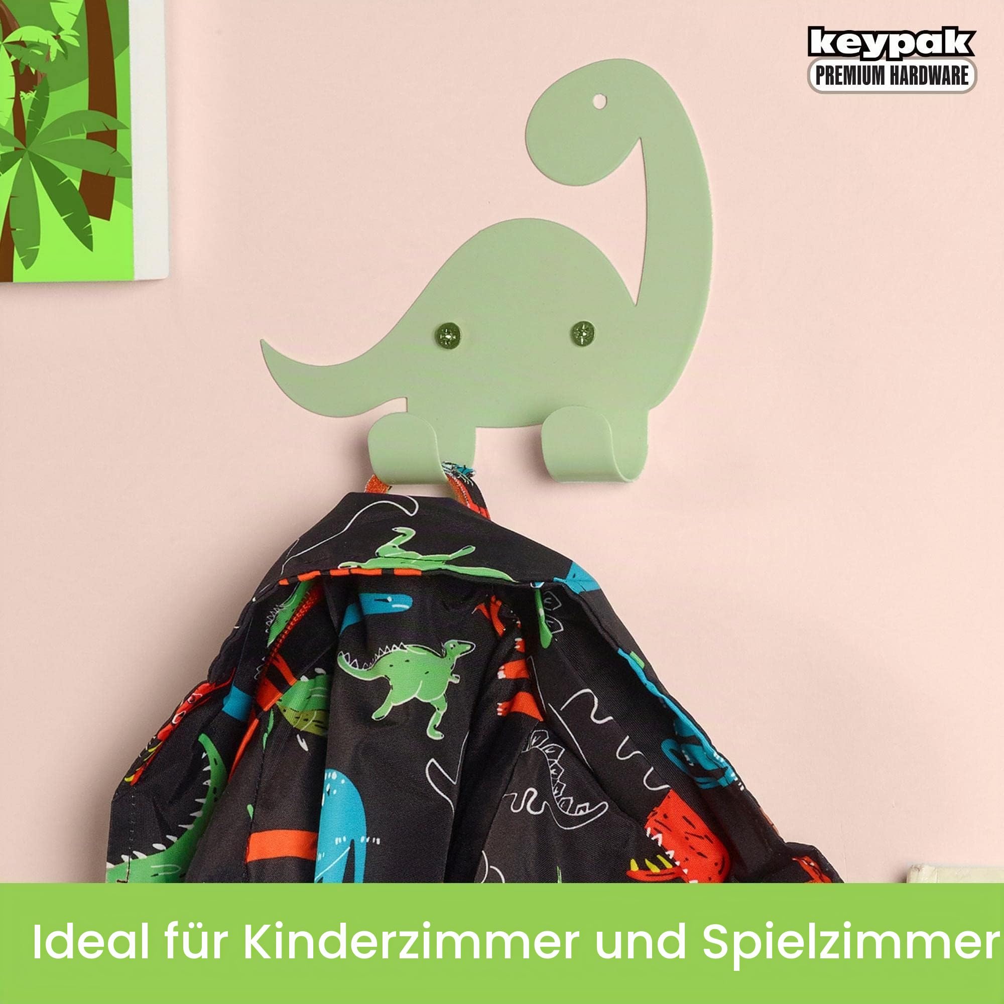 Keypak Kinder-Dinosaurier-Doppel-Kleiderhaken, Tür-Wandmontage, Metall, dekorative Haken für Jungen und Mädchen, Kleinkind-Schlafzimmer oder Baby-Kinderzimmer – farblich passende Befestigungen