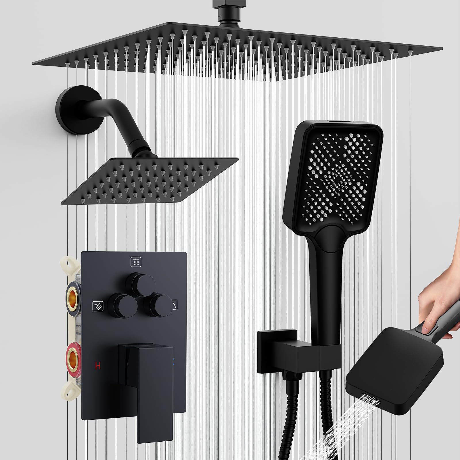 Shower Faucet Set, 12" Ceiling Mount Rainfall Shower System with 2 Rain Shower Head and Multi-function Handheld Head Push Button Diverter Shower Faucet Trim Kit (12", Matte Black)