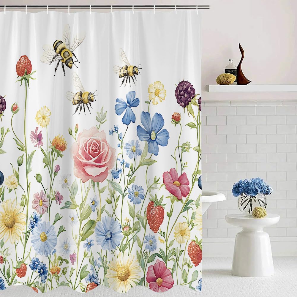 Watercolor Flower Shower Curtain Colorful Wildflower Bee Botanical Spring Country Rustic Fabric Bathroom Decor Curtain with Hooks, 86Wx70H