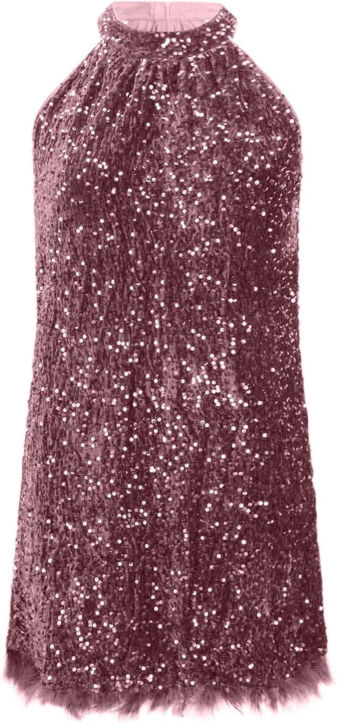 Women's Sequin Halter Cocktail Prom Dresses Trendy Furry Hem Sparkly Glitter Homecoming Bridesmaid Wedding Guest Dress