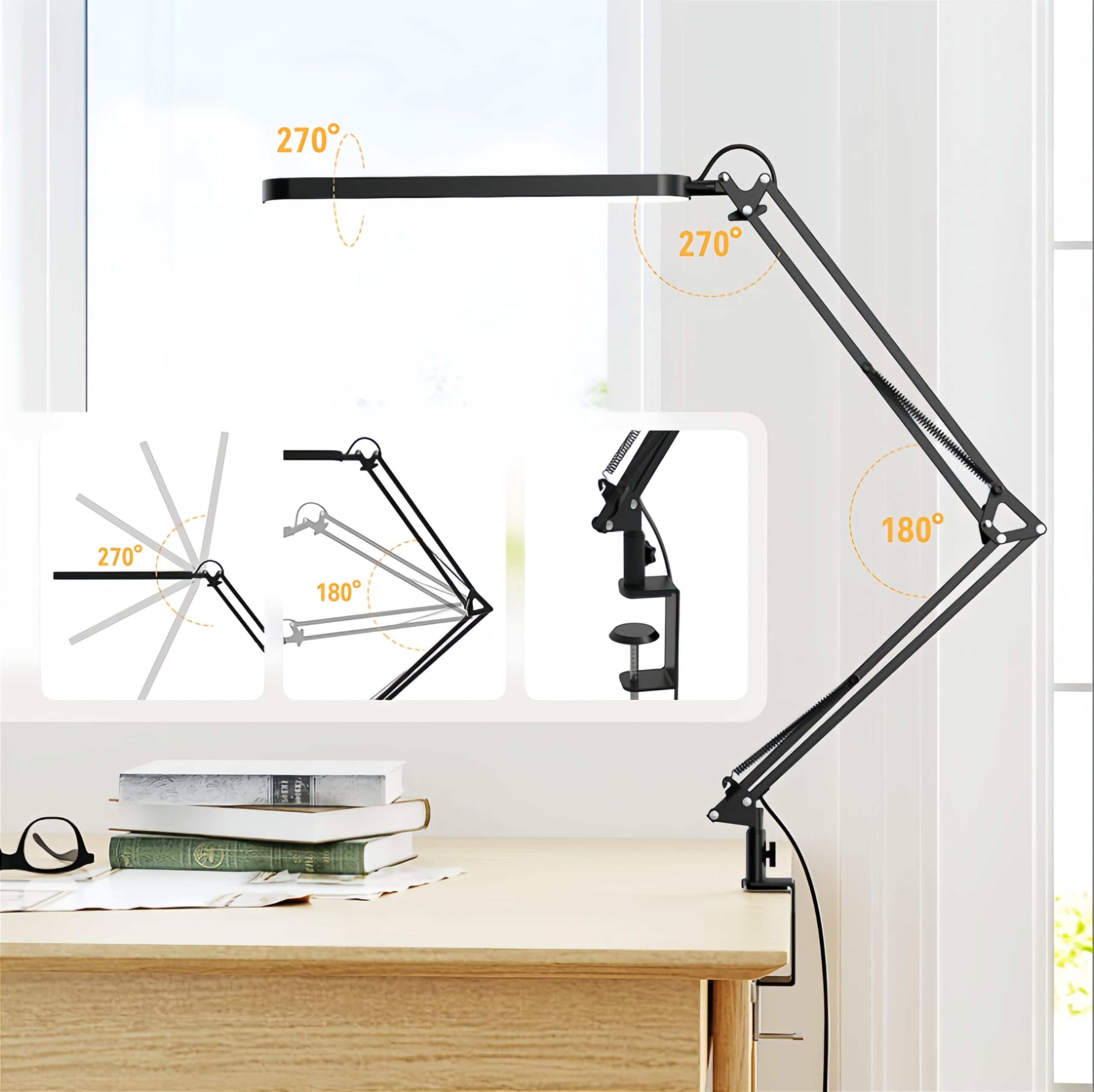 SKYLEO Lampada da Scrivania LED - Lampada da Tavolo - 5 Modalità Colore x 11 Livelli di Luminosità - Braccio Oscillante Regolabile - Funzione Timer e Memoria - 12 W - Nera