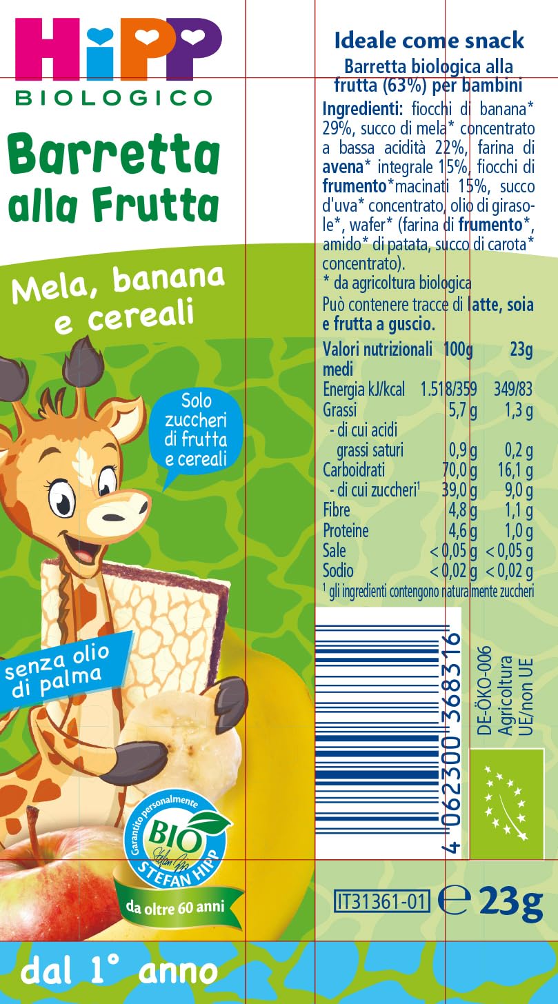 HiPP - Barrette alla Frutta Bio, Gusto Mela, Banana e Cereali, Snack per Bambini, 22 Pezzi da 23 gr ciascuno
