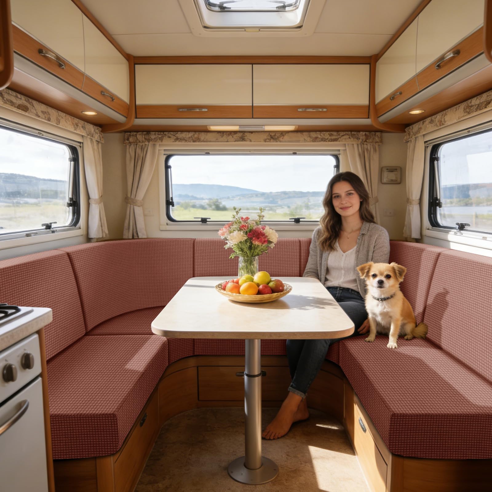 SYLC Caravan Seat Cover Stretch Jacquard, Non-slip RV Dinette Cushion Covers with 2 Straps, Couch Cushion Covers for Camper Sofa Bench (Dusty Rose,Corner backrest)