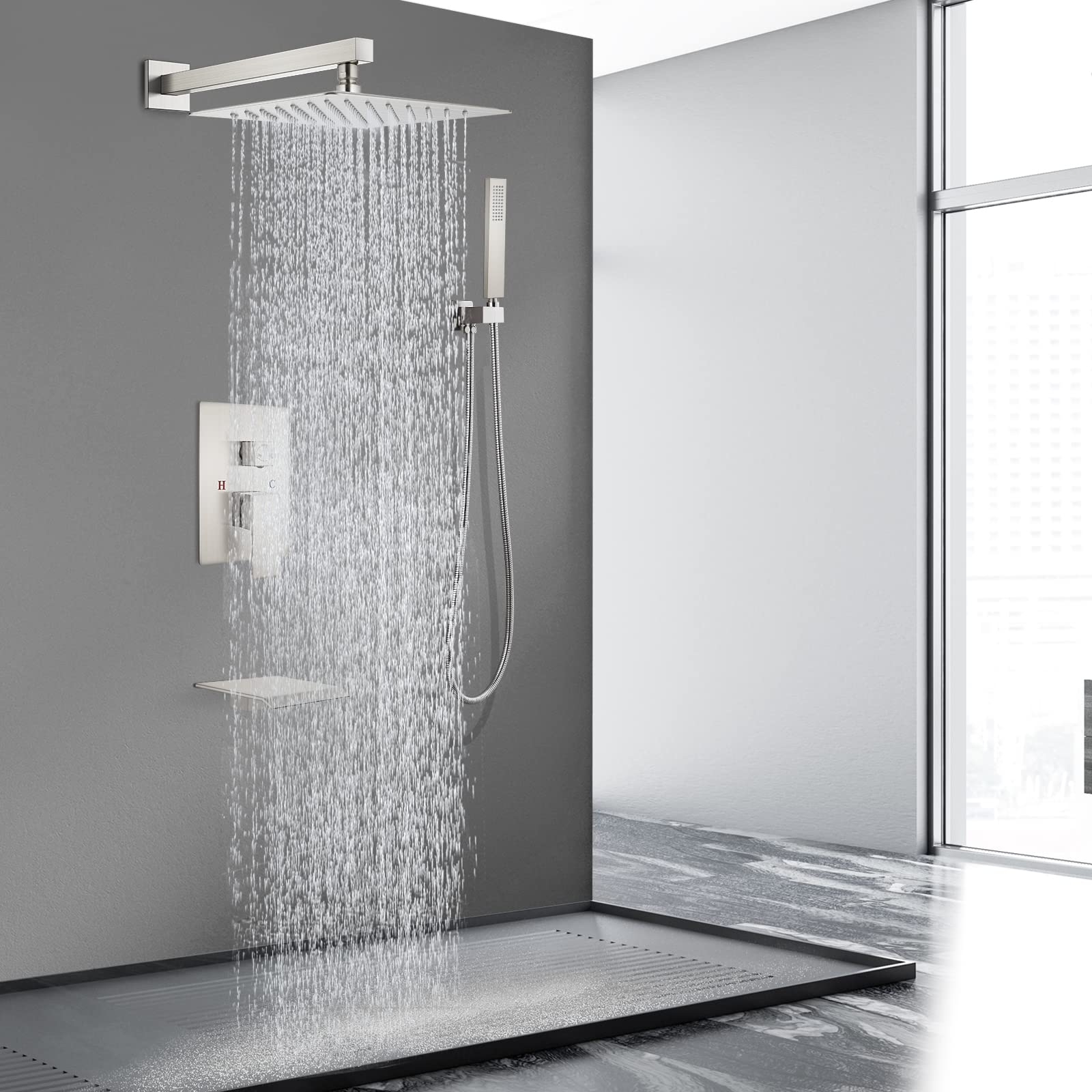 Système de Douche à Effet Pluie de 30 cm (12 Pouces) en Nickel brossé Assorti au Robinet de lavabo monocommande en Nickel brossé