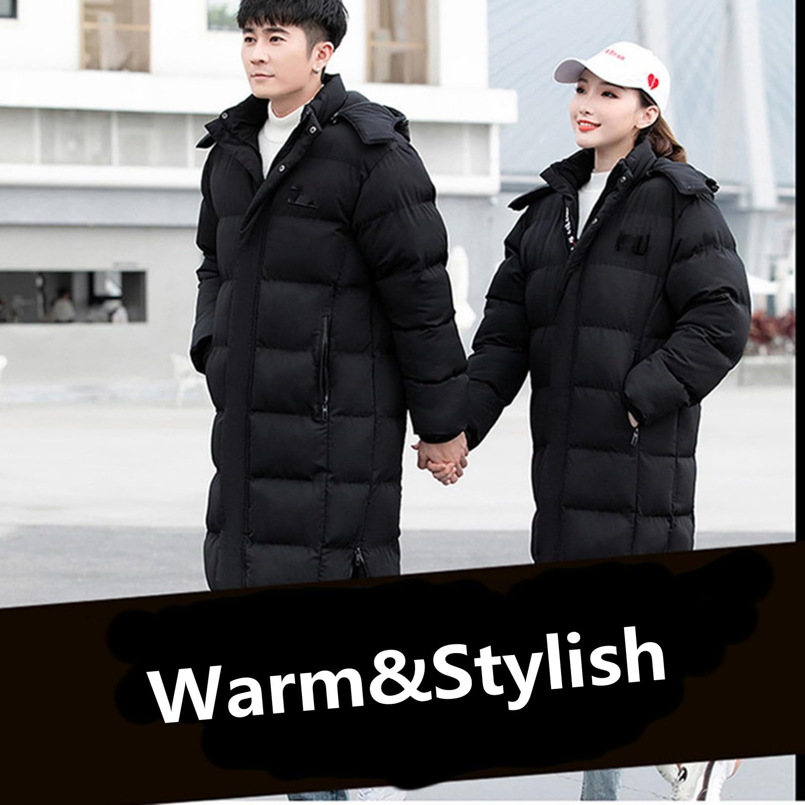 ANUFER Unisex Uomo Donna Lungo Giacca Puffer Termico Cotone Imbottito Cappotto Invernale con Cappuccio Staccabile