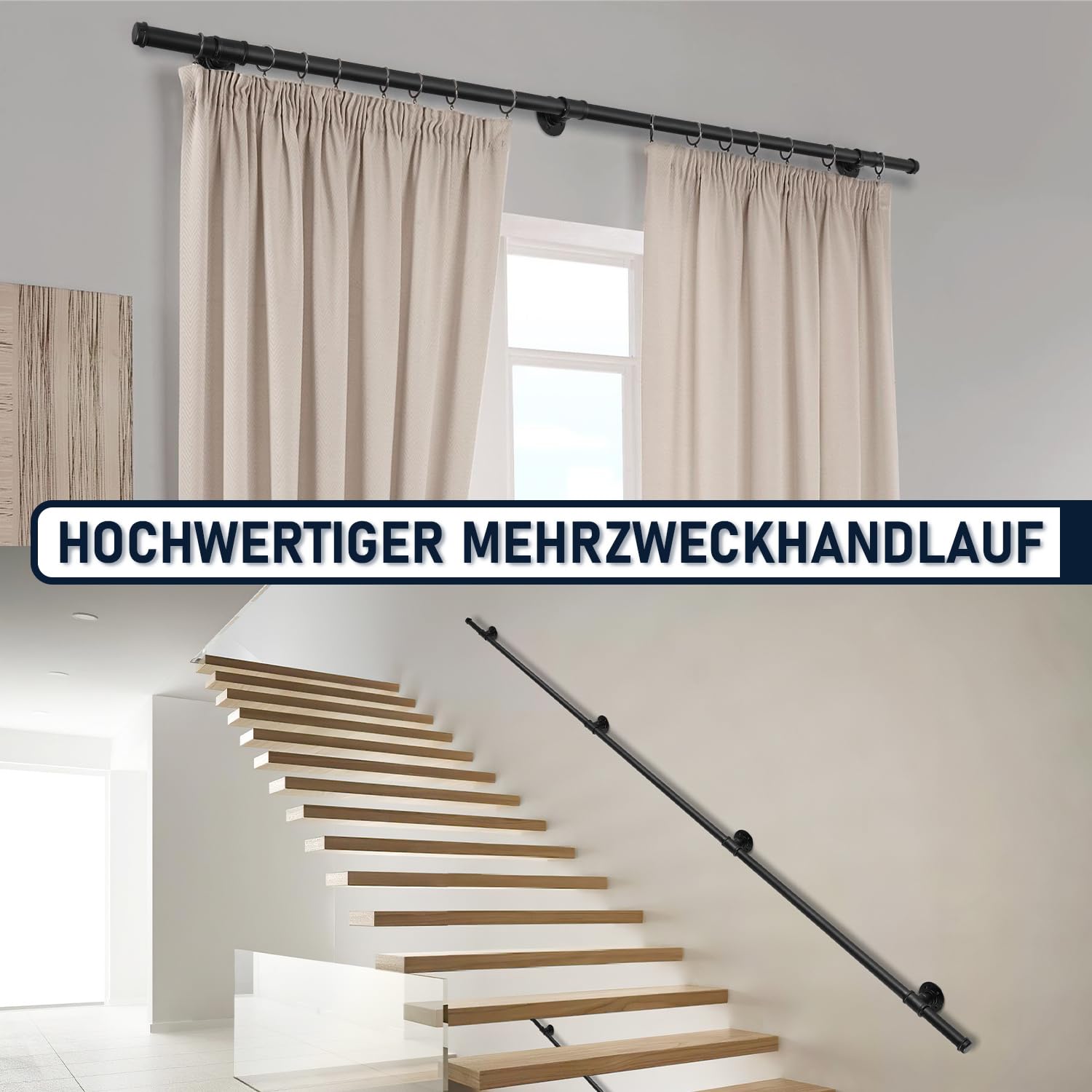 Handlauf Treppe 200 cm für Innen und Außen,Edelstahl,mit Wandhalterung
