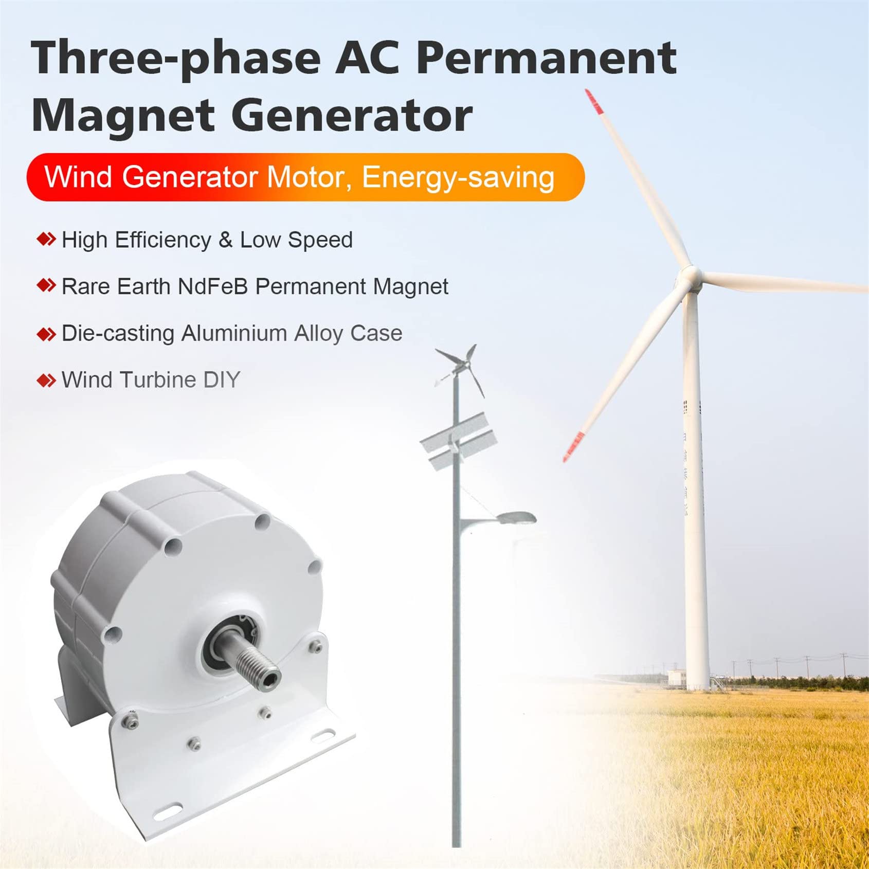 Générateur à Aimant Permanent sans engrenage, 12V, 24V, 48V Générateur AC à Basse Vitesse avec Base, adapté à l'éolienne, à l'hydrolienne (48v)