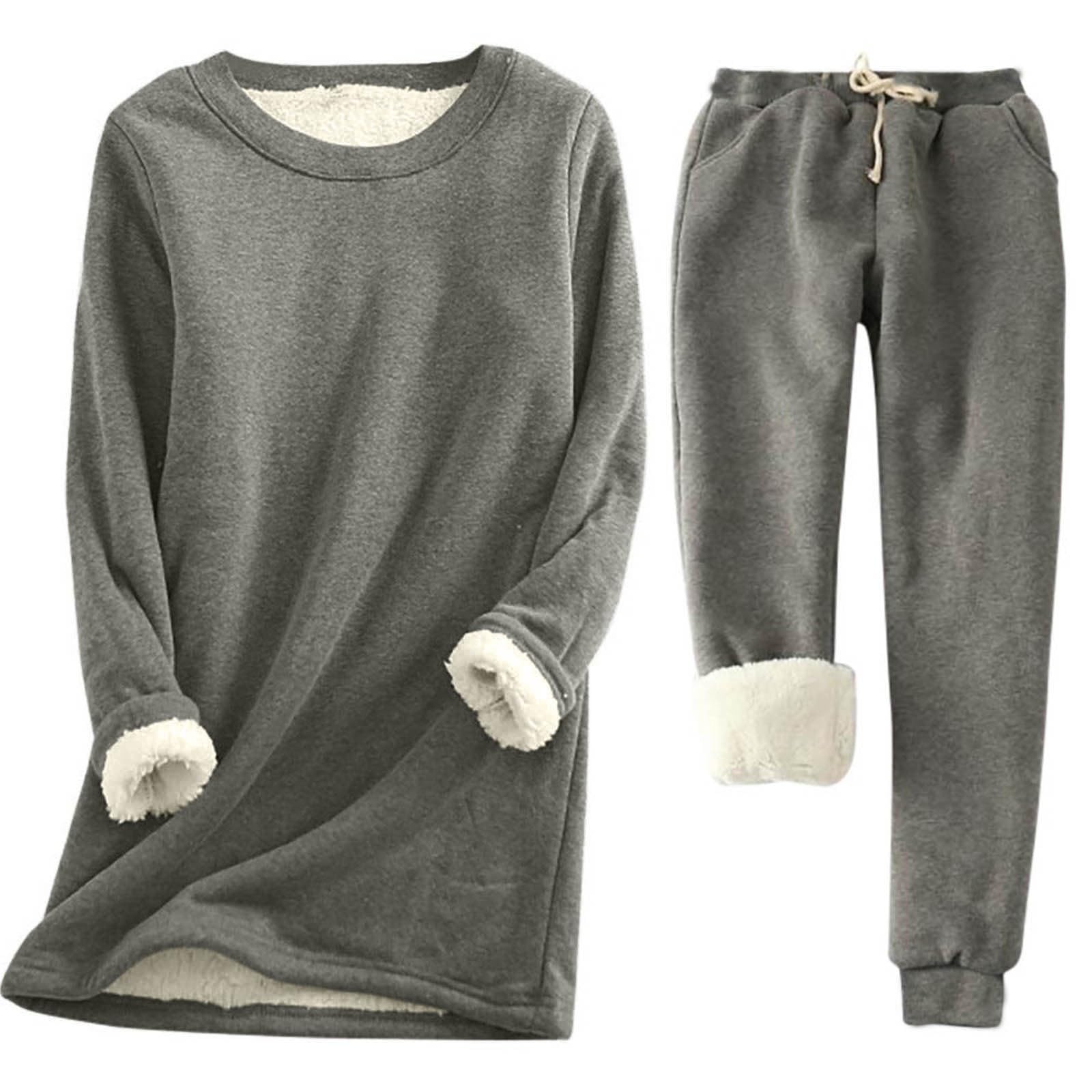Huispak dames fleece warm - loungewear set dames katoen, fleece pyjama set tweedelig warm pluche nachtkleding sweatshirt joggingbroek elastiek vrijetijdspak met zak pluizig huispak, donkergrijs, L