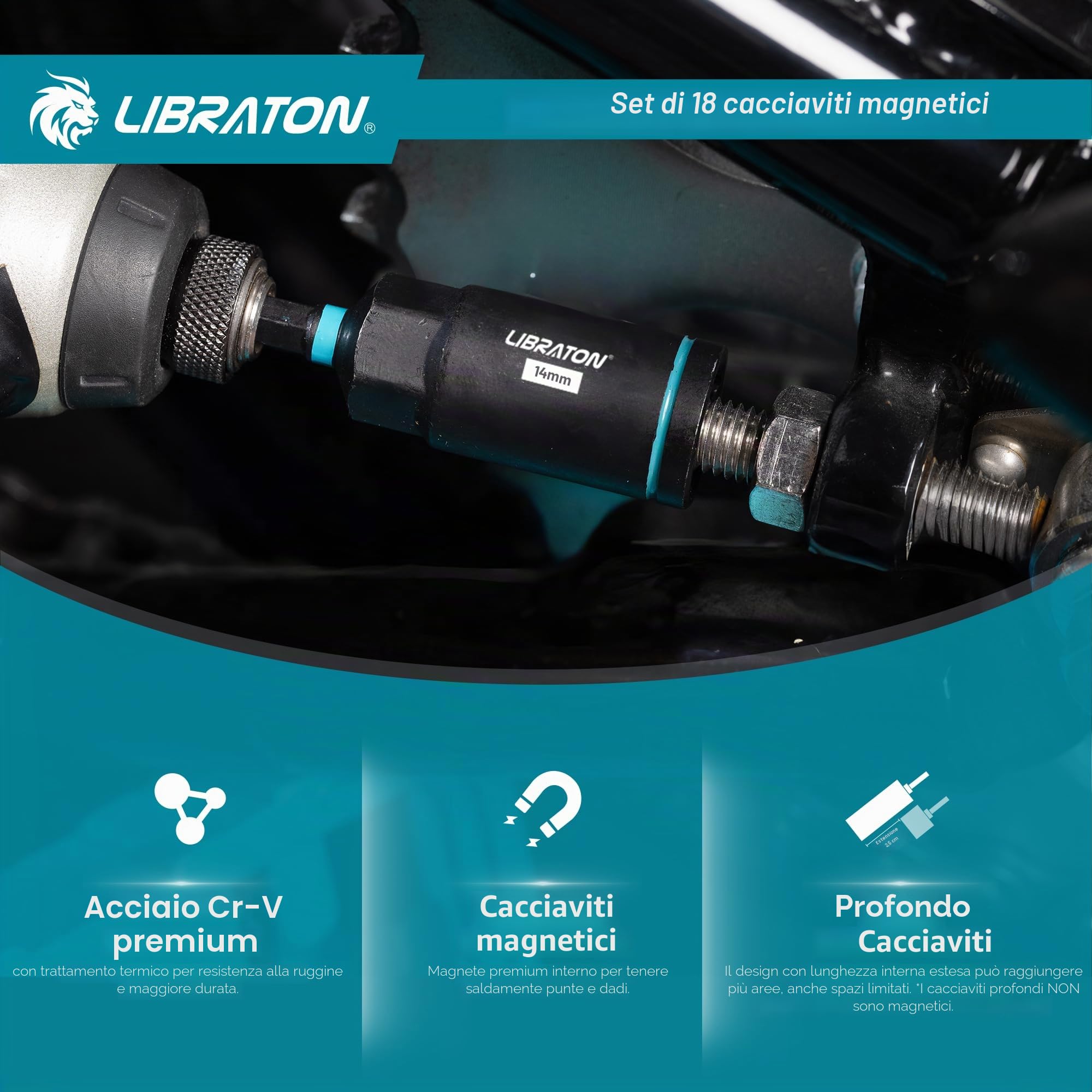 LIBRATON Set di Bussole Magnetiche SAE 16 Pezzi, per Avvitatore a Percussione, con Dadi 1/4"-9/16" e Bussole Profonde 1/4"-3/4", in Acciaio Cr-V con Custodia Portautensili