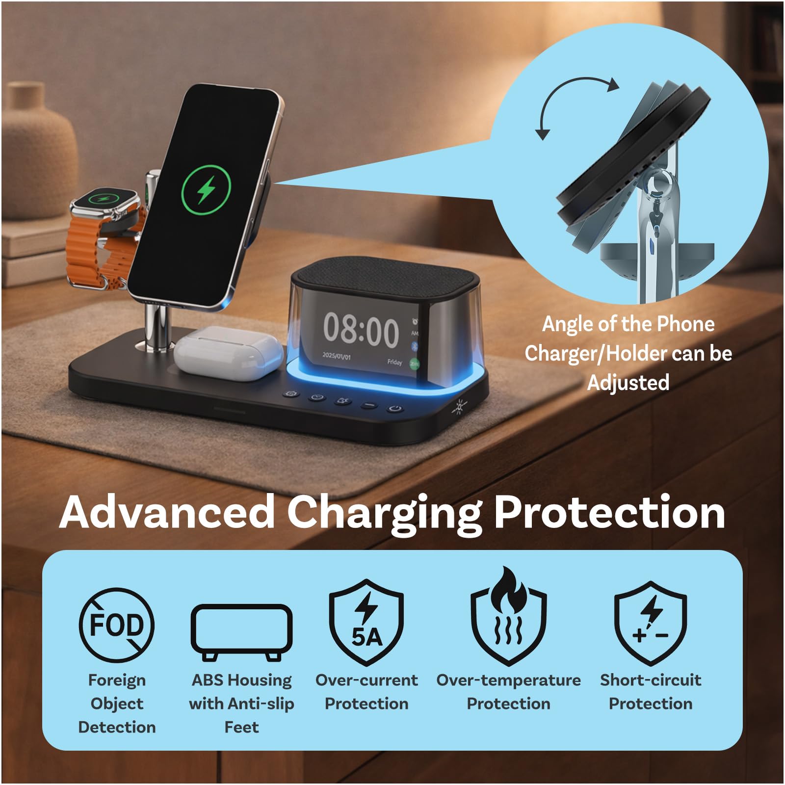 Cargador Inalámbrico 5 en 1 con Reloj Despertador, Altavoz Bluetooth y Luz Nocturna LED para MagSafe de MMOBIEL – Cargador Magnética Qi2.2 25W para iPhone, Apple Watch y AirPods – Negro