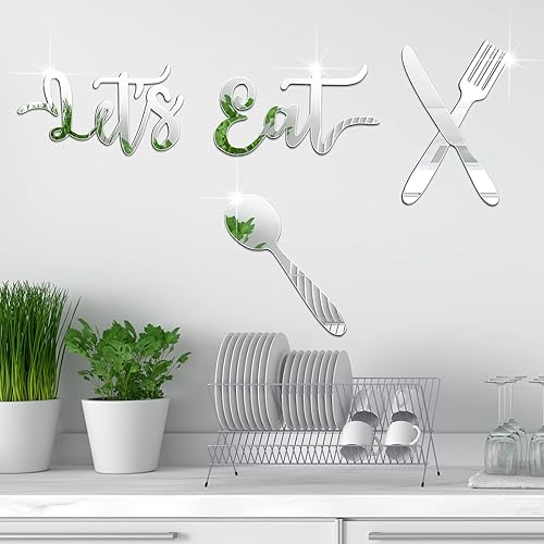 Miniatura 5 de 4 letreros de "Let's Eat" para decoración de pared de cocina, espejo acrílico 3D, calcomanía de pared, tenedor, cuchara, cuchillo, letrero de comer,