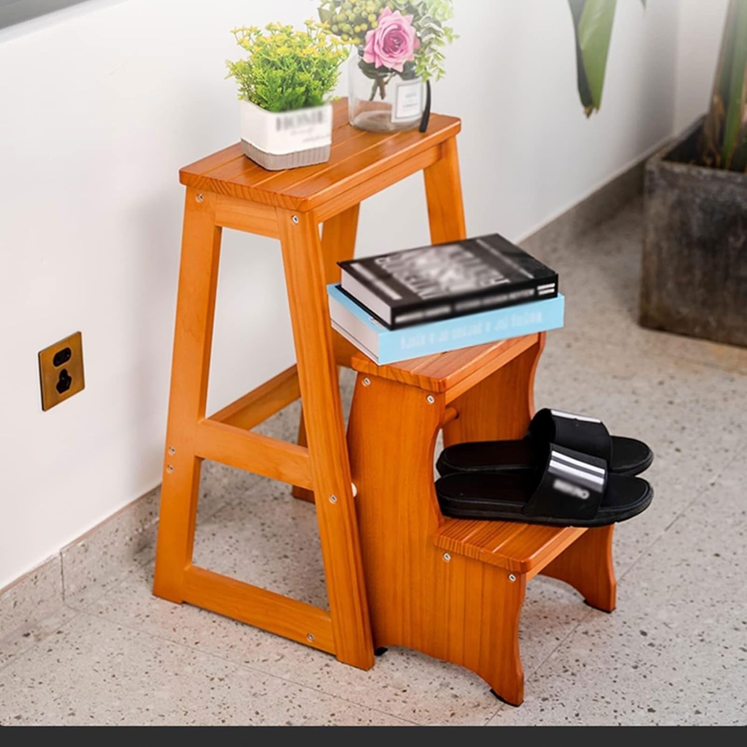 Stepstools Solid Wood Staircase Stool Portable Step Bench Three-Step Stair Chair Dual-use Storage Ladder Suitable for Home Kitchen Library Step Stool(Dark Walnut)