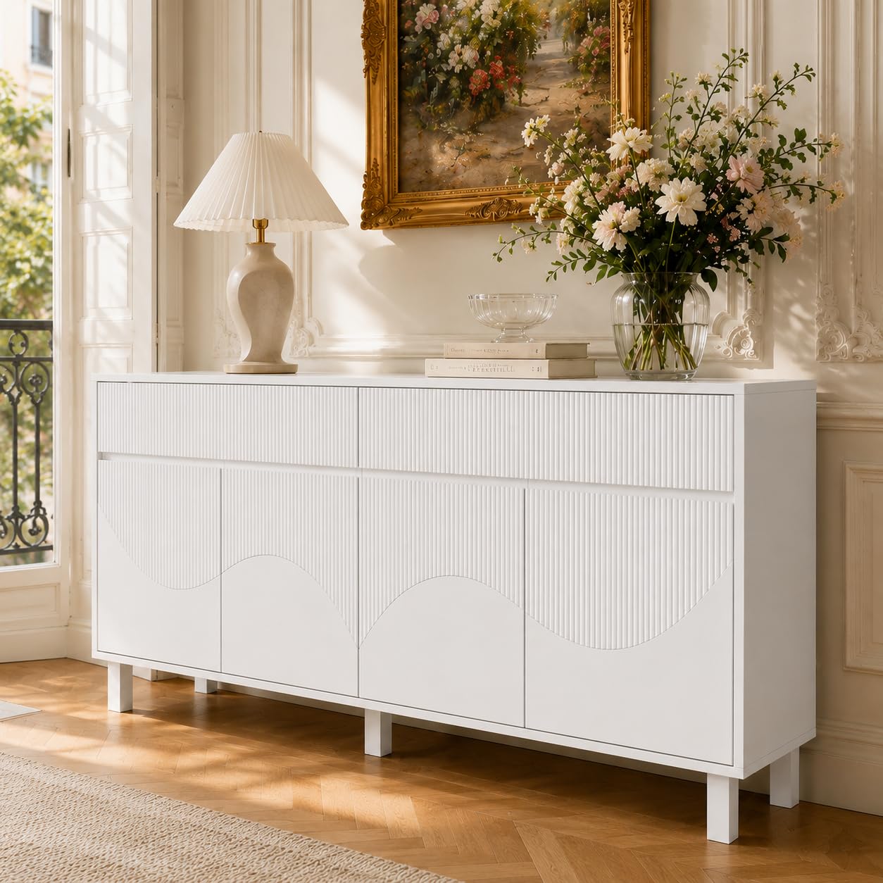 Buffet 160 cm avec 4 Portes et tiroirs, Blanc