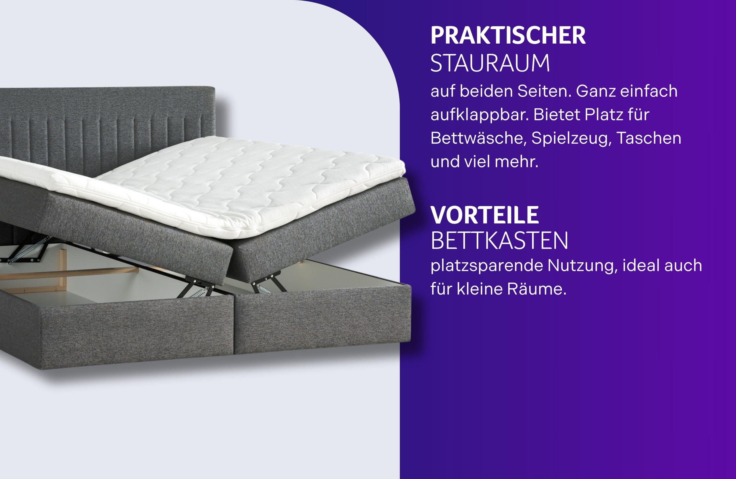 Traumnacht Boxbett Nizza mit praktischem Stauraum, mit 7-Zonen Tonnentaschenfederkernmatratze (H3) und Komfortschaumtopper, Leichter Aufbau, 180 x 200, dunkelgrau