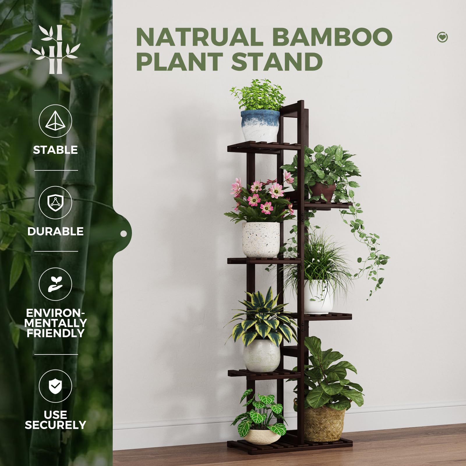 Bamworld 6-poziomowy bambusowy stojak na rośliny do wewnątrz, narożna półka na rośliny dla wielu roślin, wysoki, wielopoziomowy stojak na kwiaty do okna, ogrodu, balkonu, dekoracja domu, salonu,