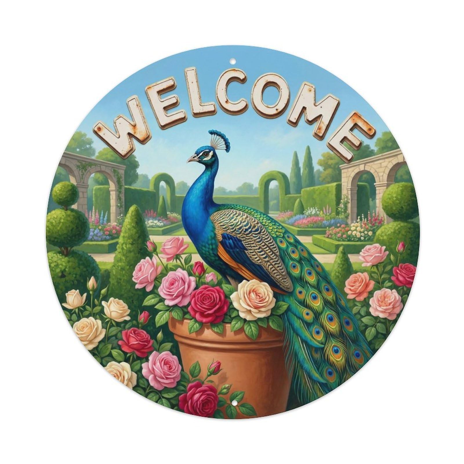 Okahys 8X8inch(20X20cm) Welcome Peacock Palace Garden Metal Tin Sign