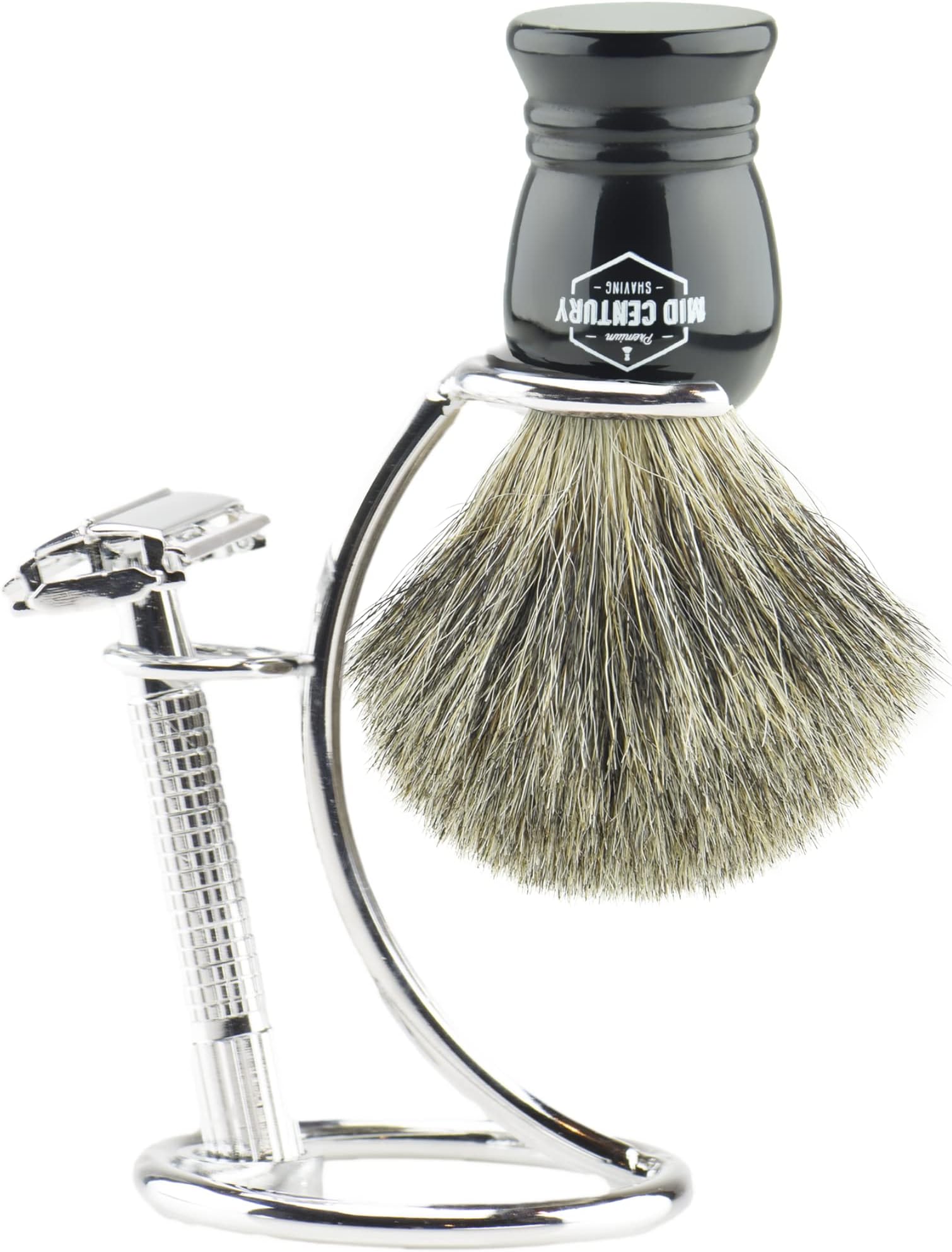 MCS Premium Safety Razor Shaving Kit: Complete Wet Shave Set w/Double Edge Razor, Pure Badger Brush, Heavy Chrome Stand, Travel Case, Extra Blades & Gift Box (Black)