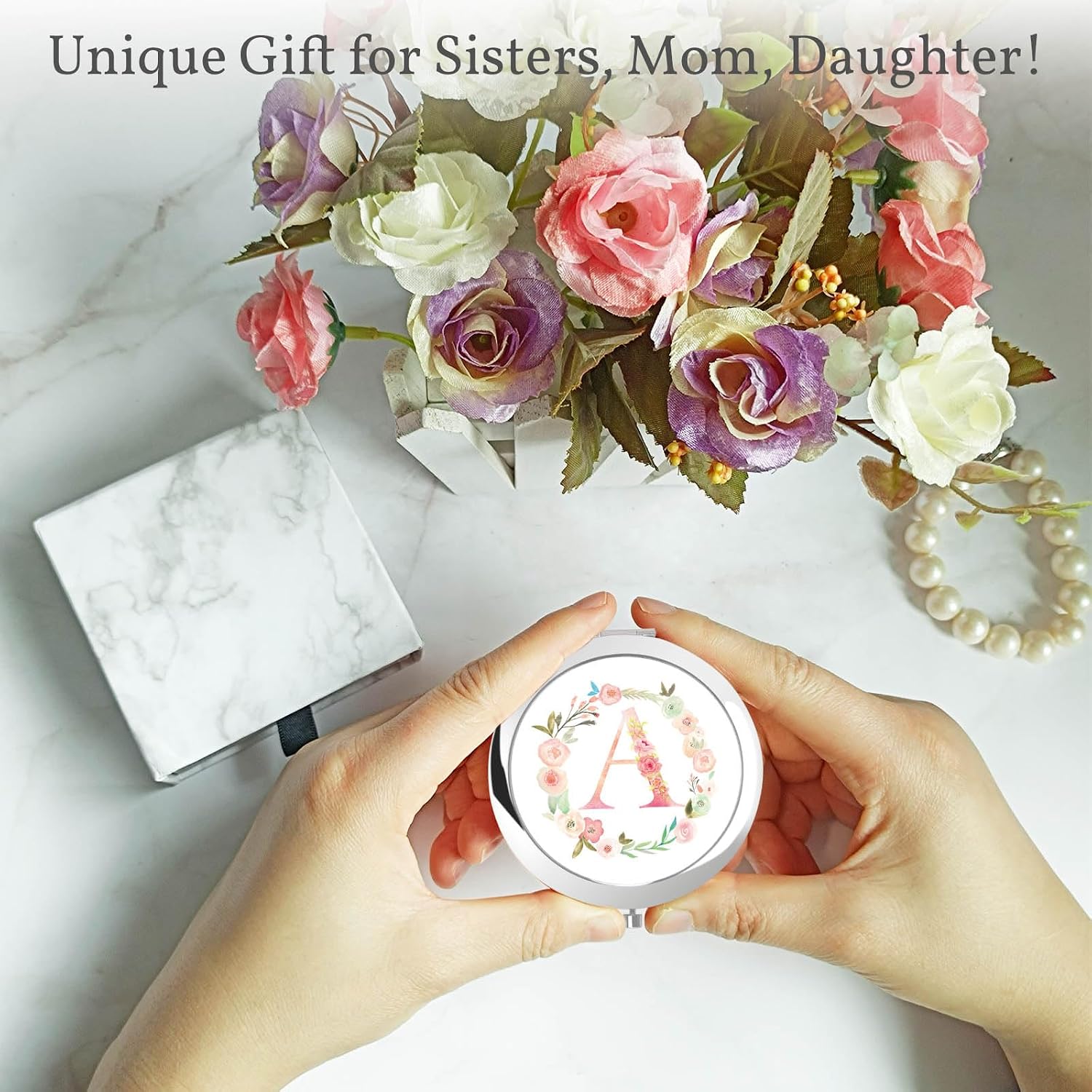 Personalized Gift Initial Compact Mirror w Box for Women Sister (A, SILVER) image 2