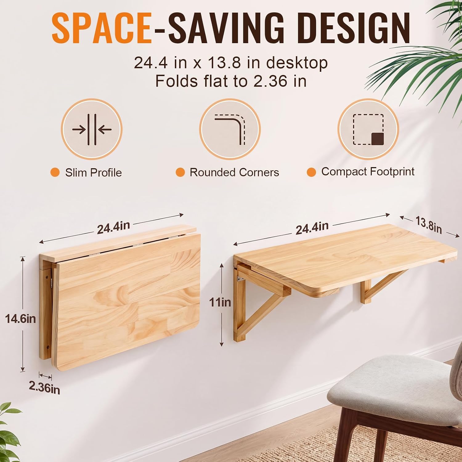 Geelin 24 x 16 Inch Wall Mounted Folding Table, Natural Color