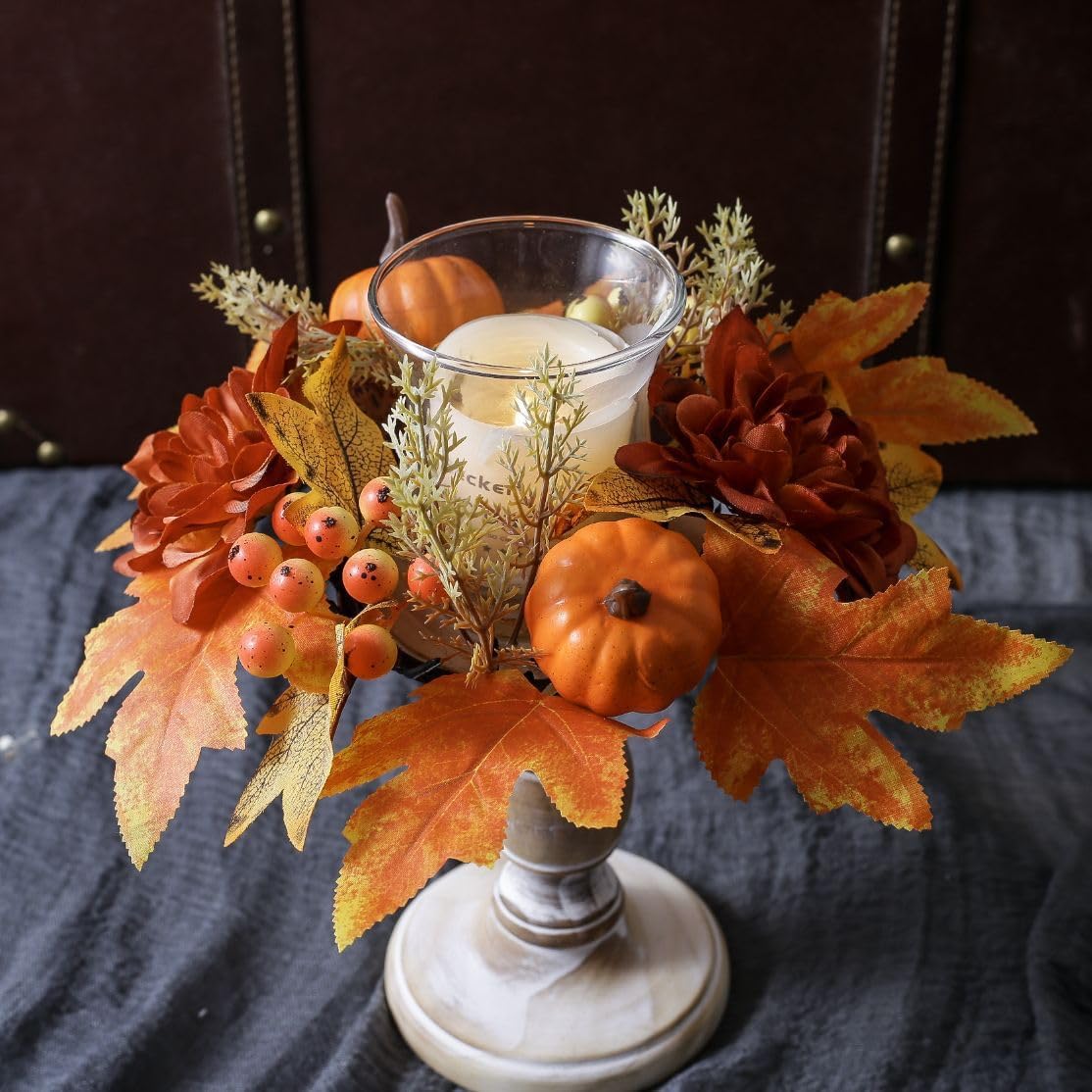 Fall Candle Ring Wreath Artificial Pumpkin Berry Candle Ring for Thanksgiving Harvest Festival Autumn Wedding Halloween Door Tabletop Decoration