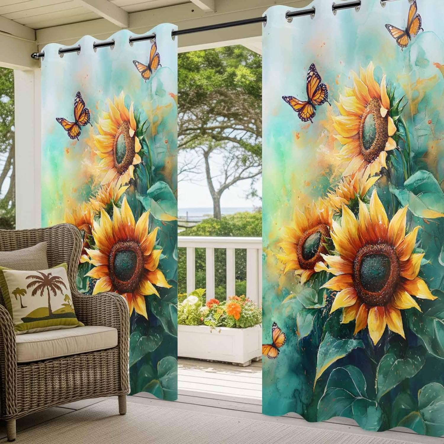 Watercolor Sunflower Outdoor Curtains for Patio Waterproof, Floral Butterfly Teal Green Leaf Outside Curtains Grommet Privacy Drape for Pergolas Porch Backyard 2 Panels, 54 x 108 inch