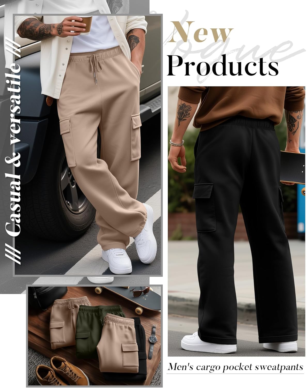 3 Pack Men's Cargo Sweatpants Drawstring Thin Straight Leg Pants Casual Baggy Open Bottom Jogger with Pockets - Image 4