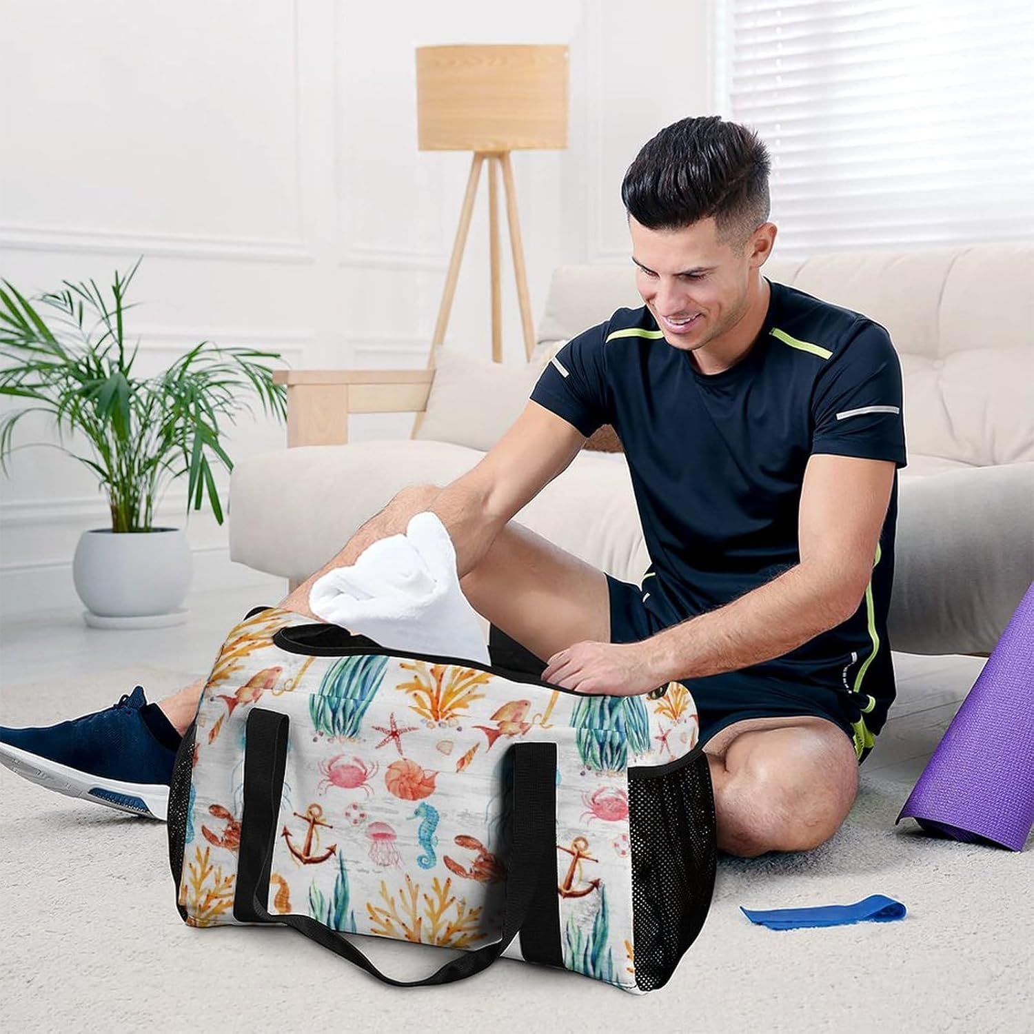 復古風 海底世界 ロブスター クラゲ カニ 旅行バッグ キャリーオンバッグ ボストンバッグ スポーツバッグ 大容量 収納 出張 シュ