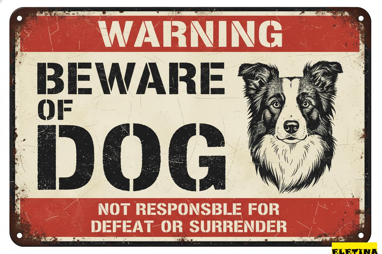 Vintage Metal Tin Sign for Man Cave Beware Of Dog Border Collie Warning Beware Of Dog S Fence Outdoor Farm Garden Gate Home Yard Decor 8x12 Inch Private Property Decorative