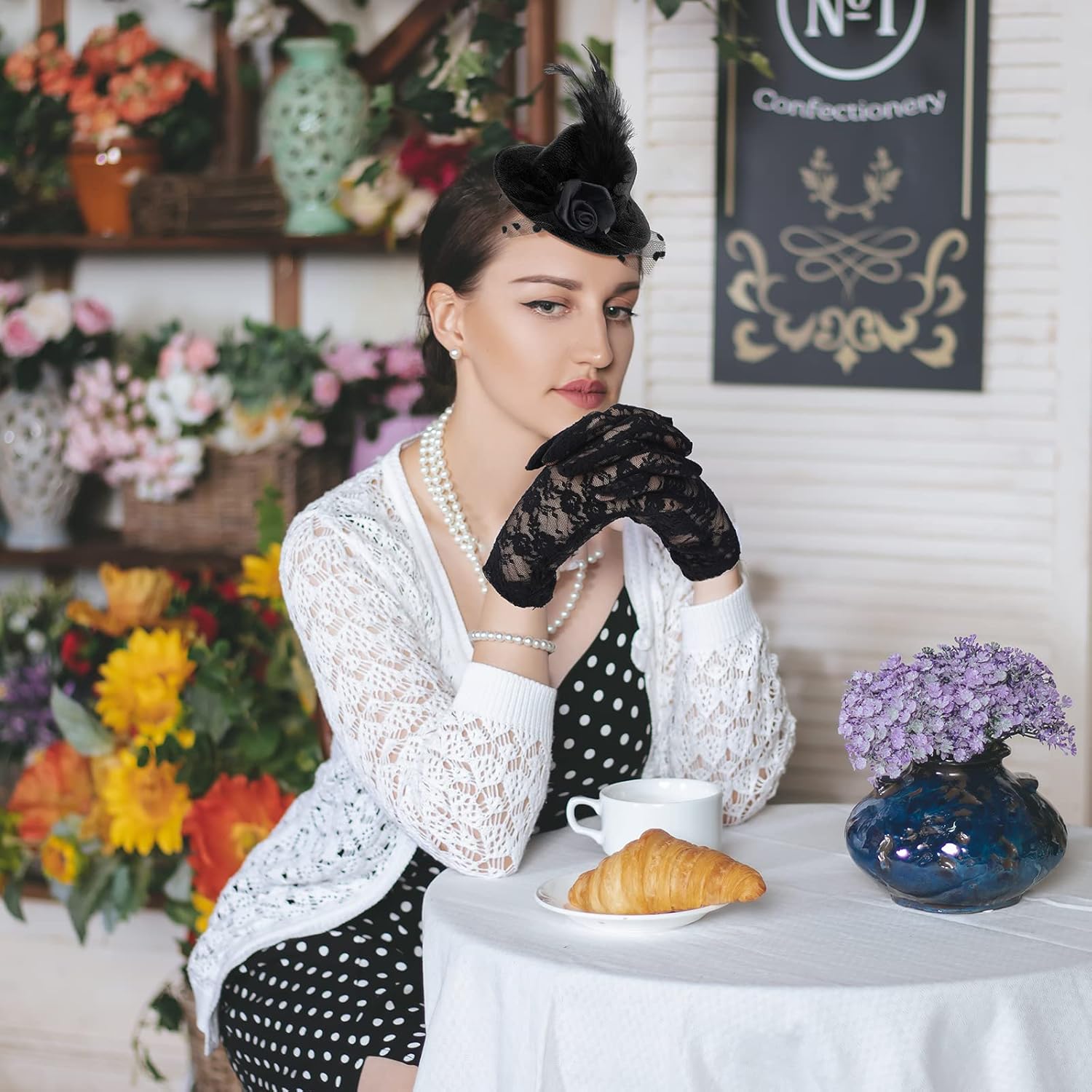 4 Sets Women Tea Party Hat and Gloves Fascinators Hats for Women Girls Kids Tea Party Headband with Lace Fascinator Gloves Mini Tea Party Hats Cocktail Party Supplies Fancy Hair Fascinators - Image 6