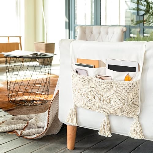 Miniatura 9 de Mkono Organizador de reposabrazos de macramé para sofá, con control remoto, cesta de almacenamiento de revistas, cama, sofá, silla, mesita de noche