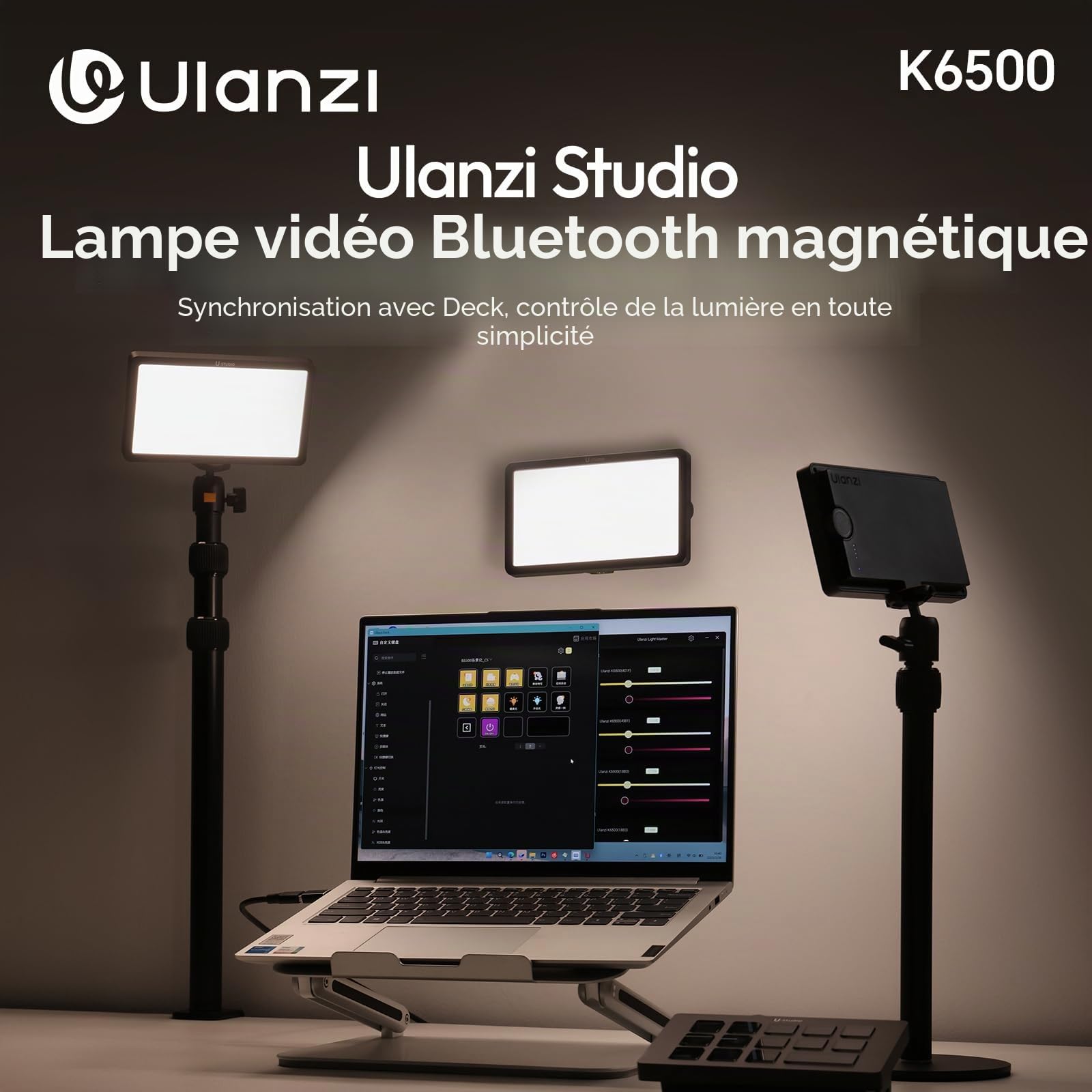 ULANZI K6500 Lampe Vidéo LED avec Support de Table, Batterie 8000 mAh, Panneau LED Professionnel, 1000 lumens 2900K-6500K éclairage Vidéo Magnétique Bluetooth, pour Youtube/Diffusion en Direct/Studio