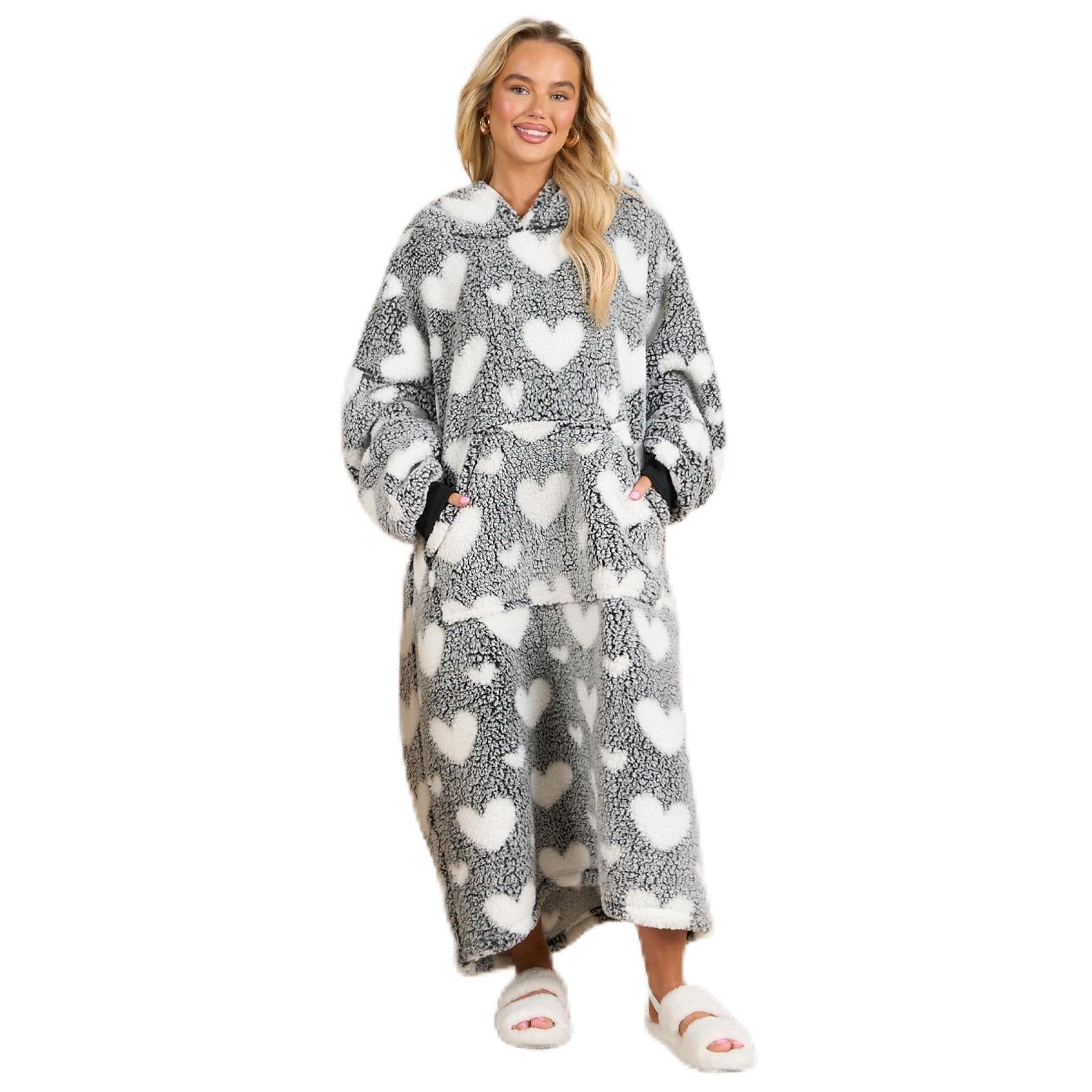 OHS Extra Long Hoodie Blanket, Mothers Day Gifts Ultra Soft Teddy Fleece Marl Heart Pattern Oversized Wearable Blanket with Pockets Warm Cosy Hooded Blanket Gifts for Women - Black