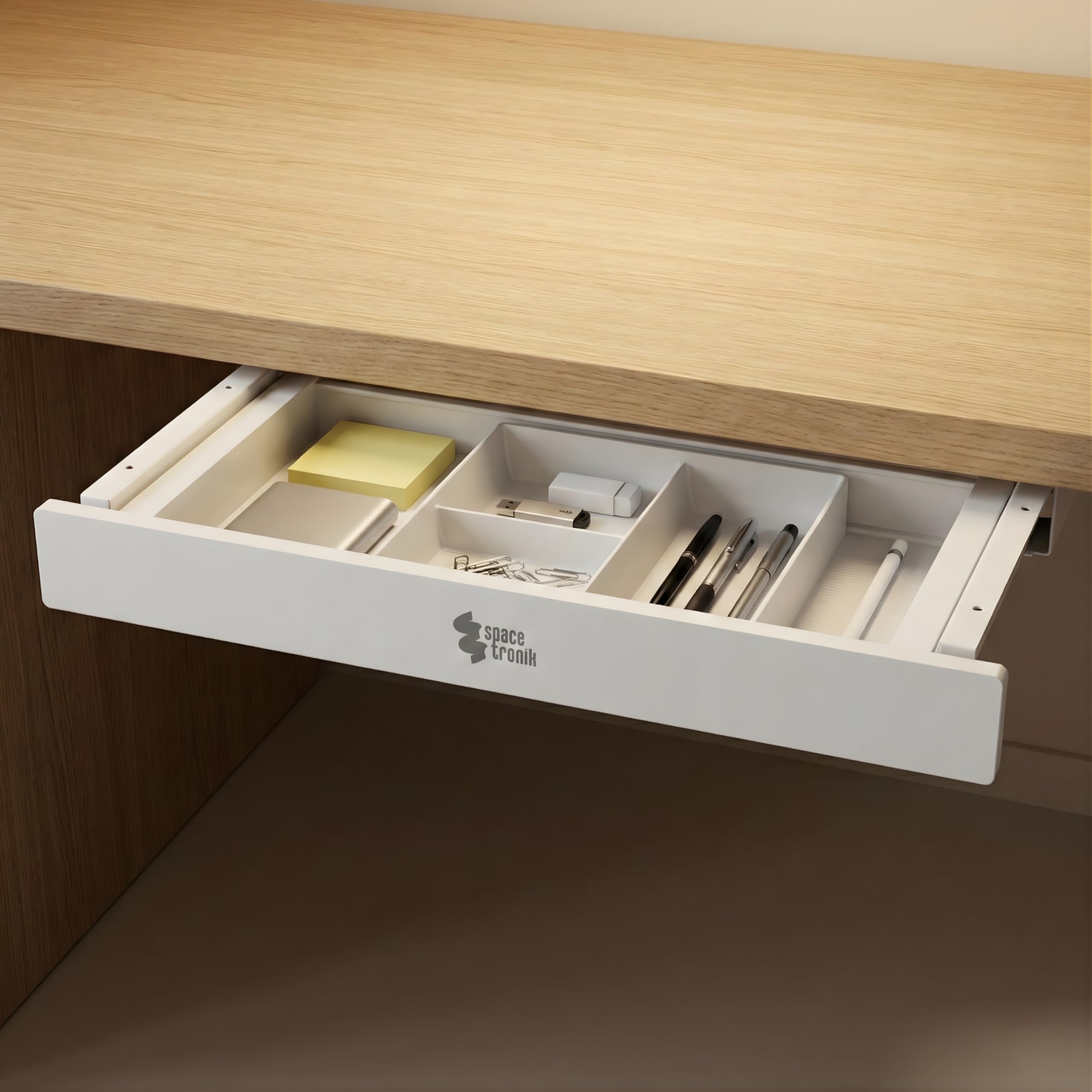 Spacetronik Cassetto sotto scrivania bianco, cassetto sottopiano con 5 scomparti, robusto cassetto inferiore, 718 x 230 x 61 mm, portata 5 kg, per ufficio, home office