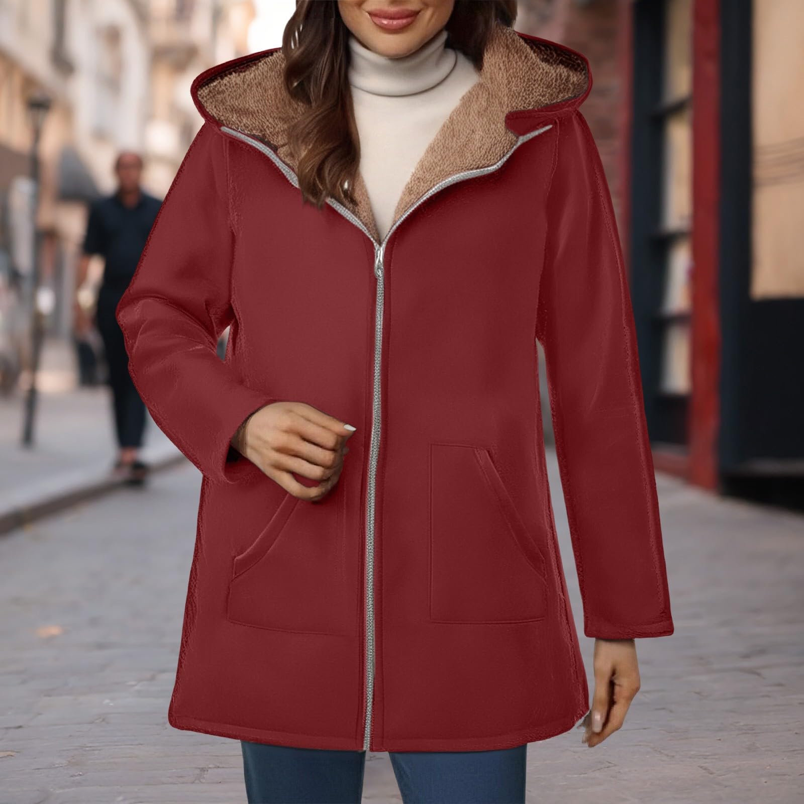 Generisch Cappotto invernale da donna, lungo, con calda imbottitura, parka invernale, caldo, trapuntato, in pile, giacca invernale a maniche lunghe, antivento, per esterni, con cappuccio