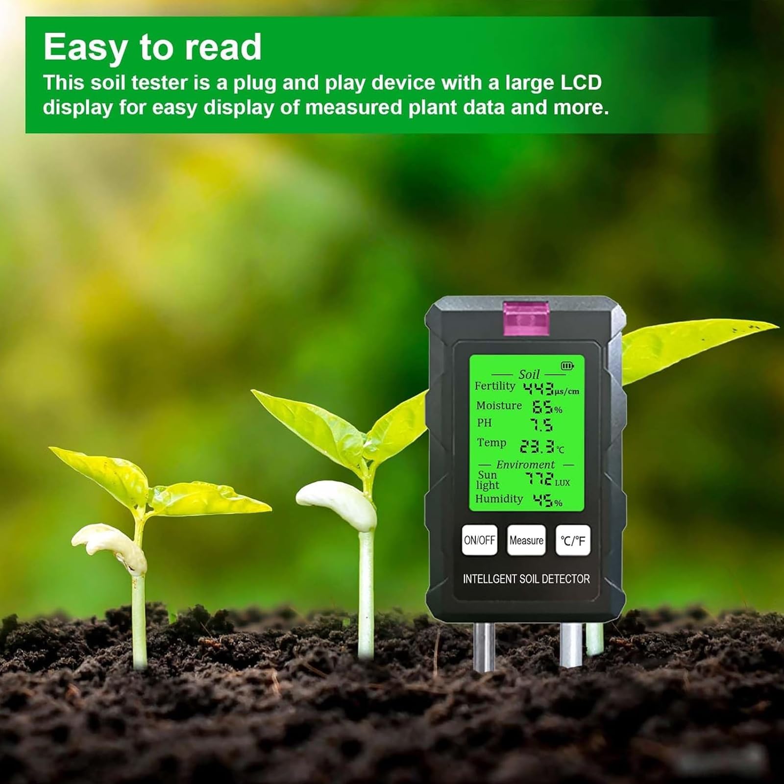 Medidor de humedad del suelo: mide el pH, la humedad, la fertilidad, la temperatura y la intensidad de la luz solar con pantalla LCD retroiluminada para jardinería y plantas al aire libre