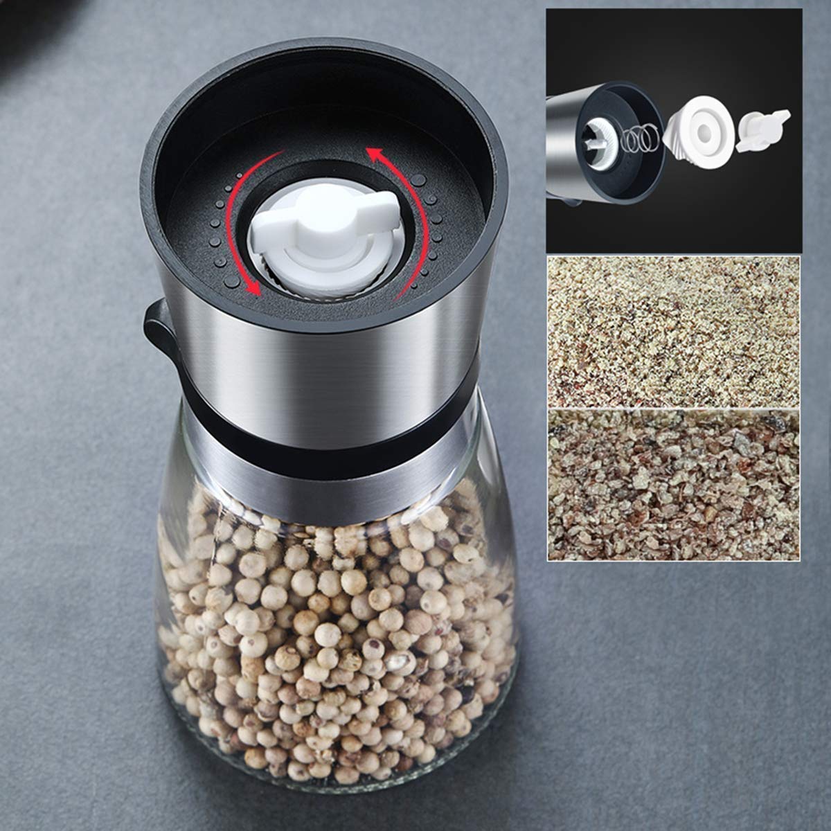 RWRAPS Set macina Sale e Pepe, Confezione da 2 Set macina Sale e Pepe Premium in Acciaio Inossidabile e contenitori per Sale e Pepe in Vetro con ruvidità in Ceramica Regolabile